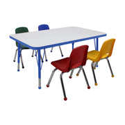 30" x 48" Rectangle Dry-Erase Activity Table with Standard Legs and 12" Stack Chairs with Ball Glides, 5-Piece Set - Whiteboard/Blue/Assorted