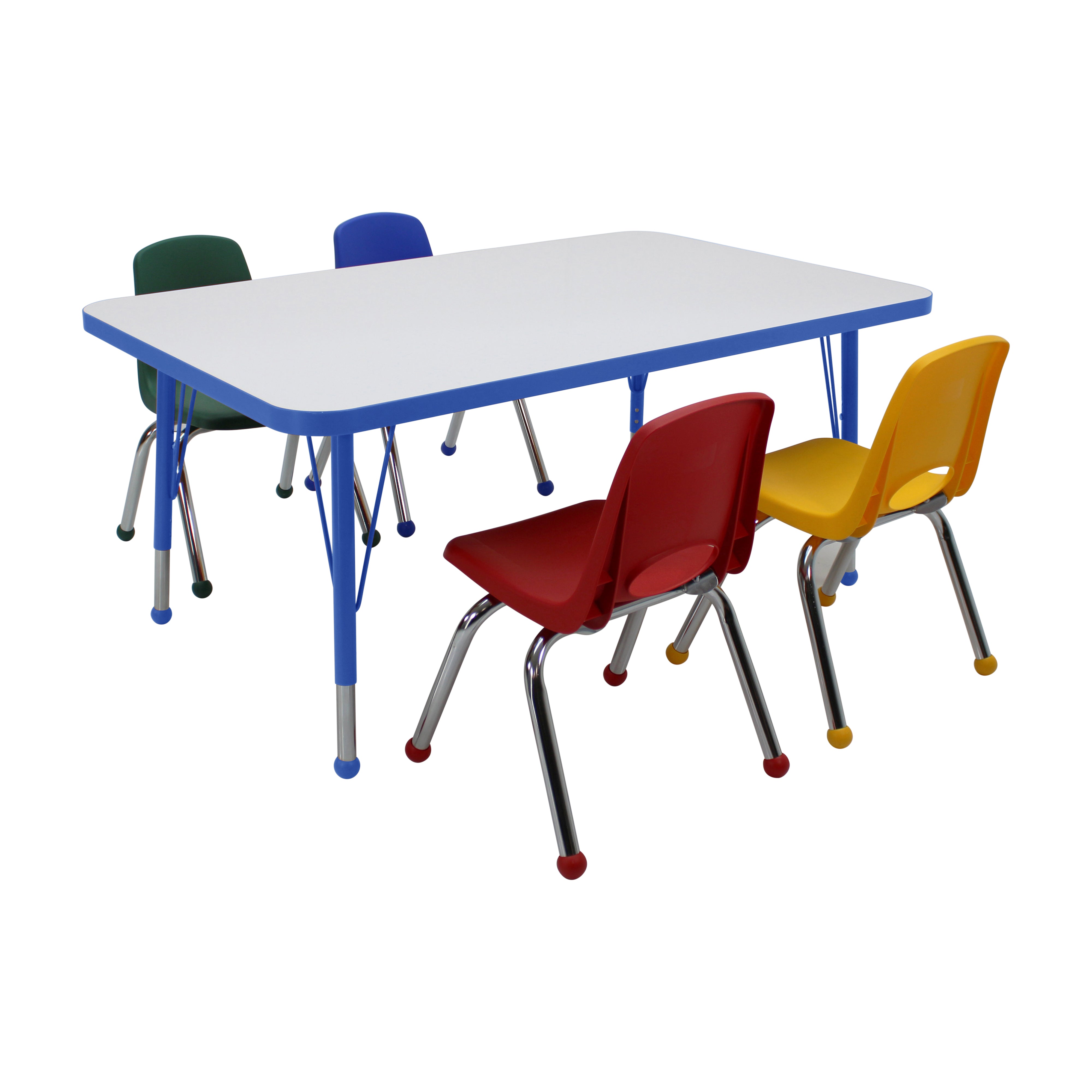 30" x 48" Rectangle Dry-Erase Activity Table with Standard Legs and 12" Stack Chairs with Ball Glides, 5-Piece Set - Whiteboard/Blue/Assorted