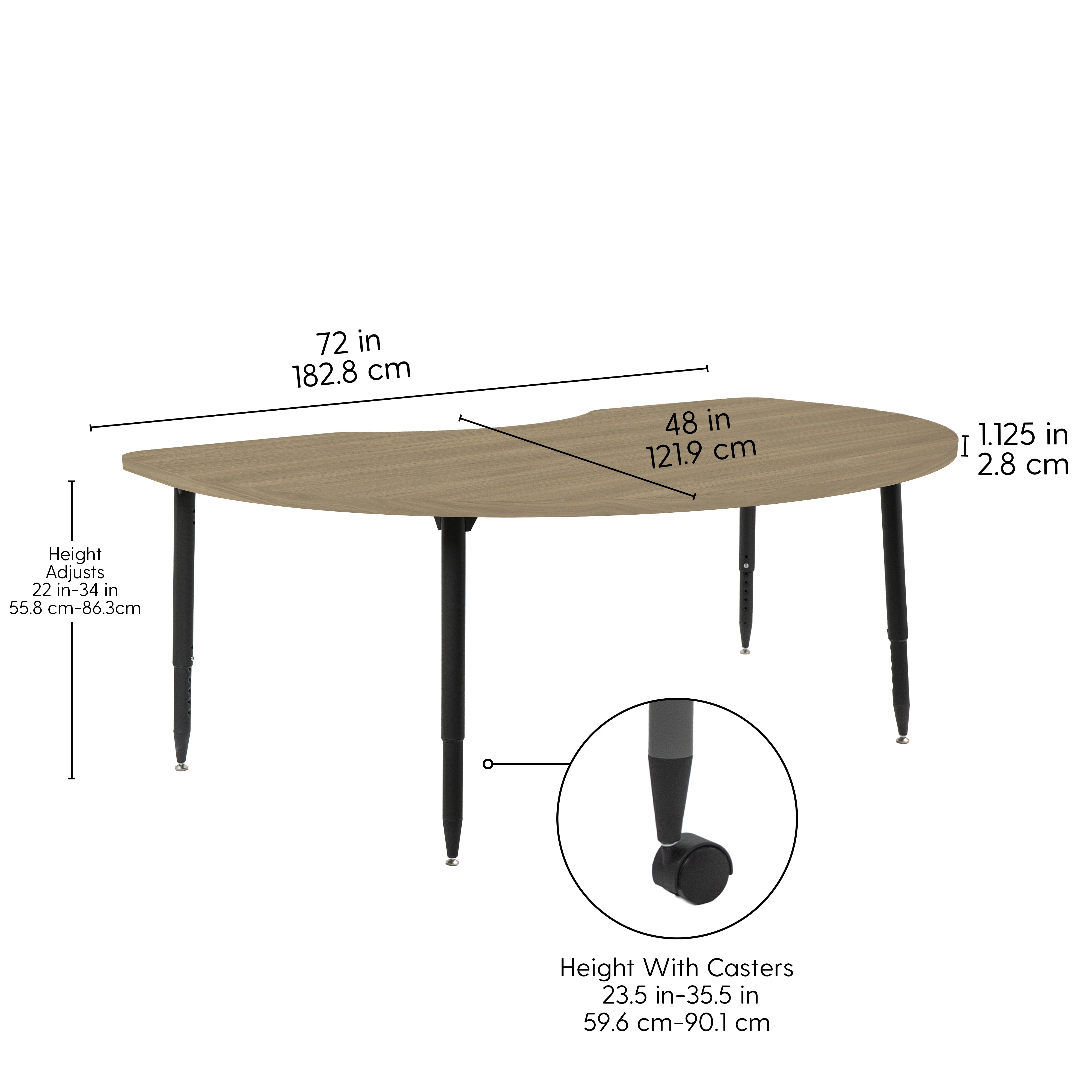 Adapte 48" x 72" Kidney Woodgrain Activity Table with Adjustable Tapered Legs - Pasadena Oak/Black