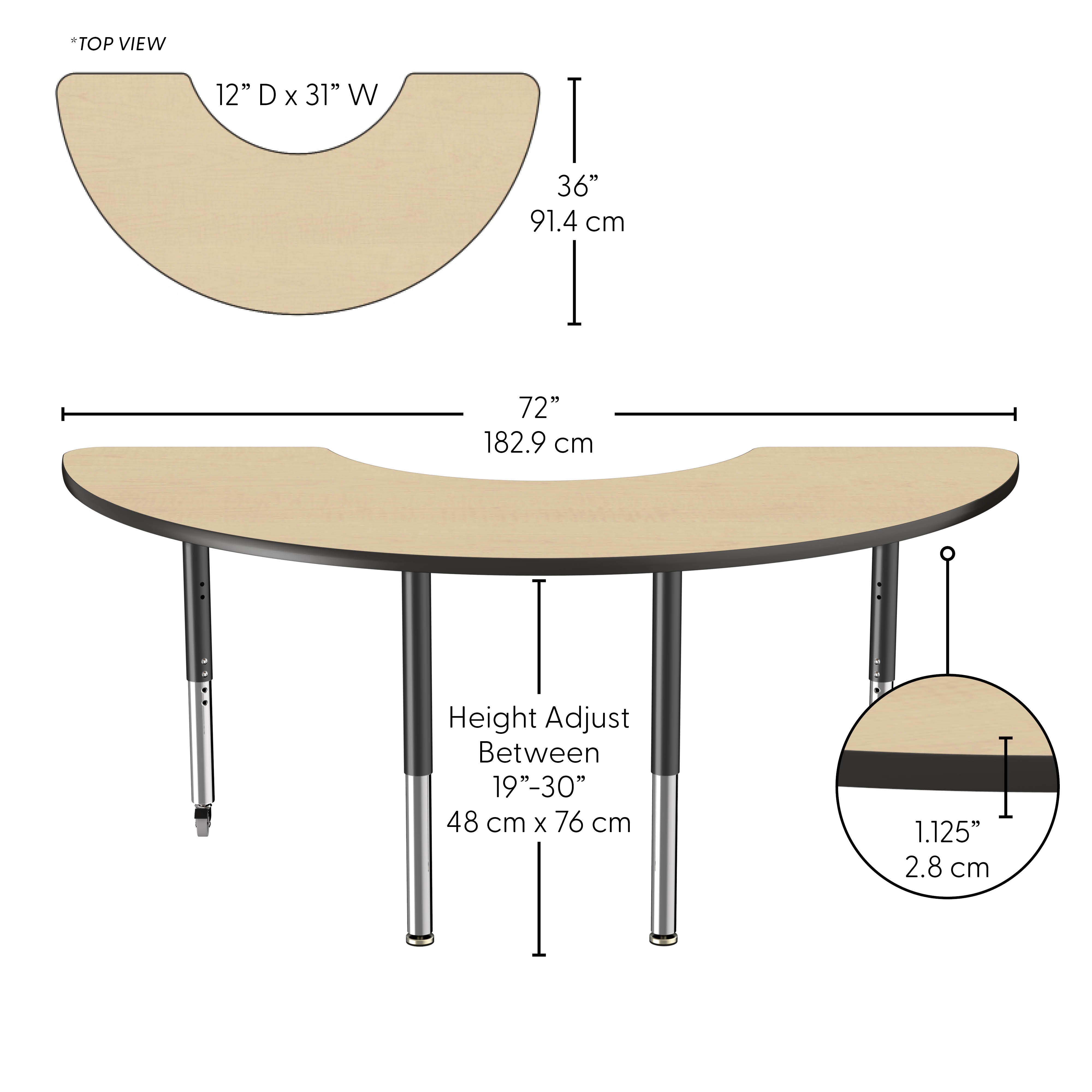 36" x 72" Half Moon Thermofused Activity Table with Adjustable Super Legs - Maple/Black