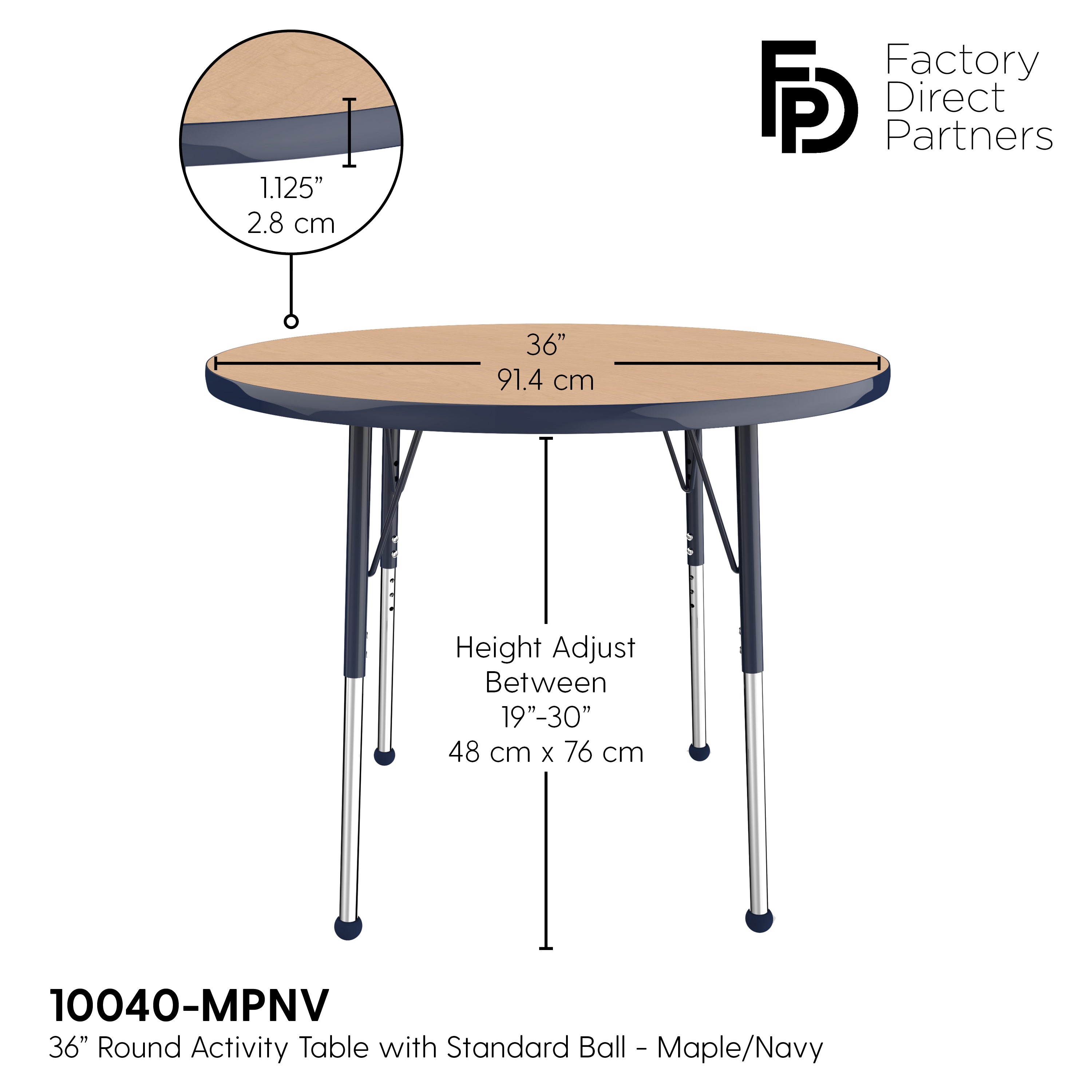 36" Round T-Molding Activity Table with Adjustable Standard Ball Glide Legs - Maple/Navy