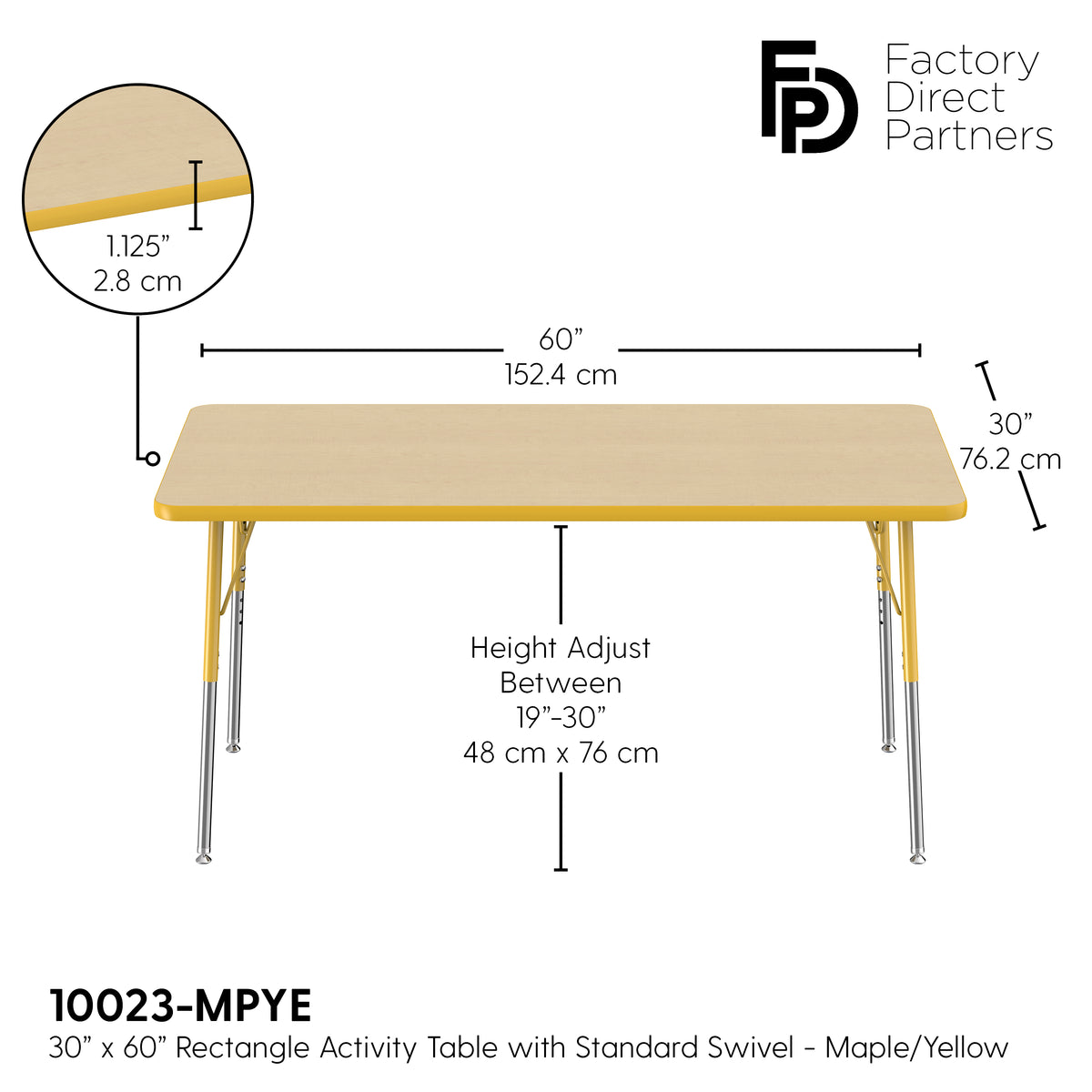 30" x 60" Rectangle T-Molding Activity Table with Adjustable Standard Swivel Glide Legs - Maple/Yellow
