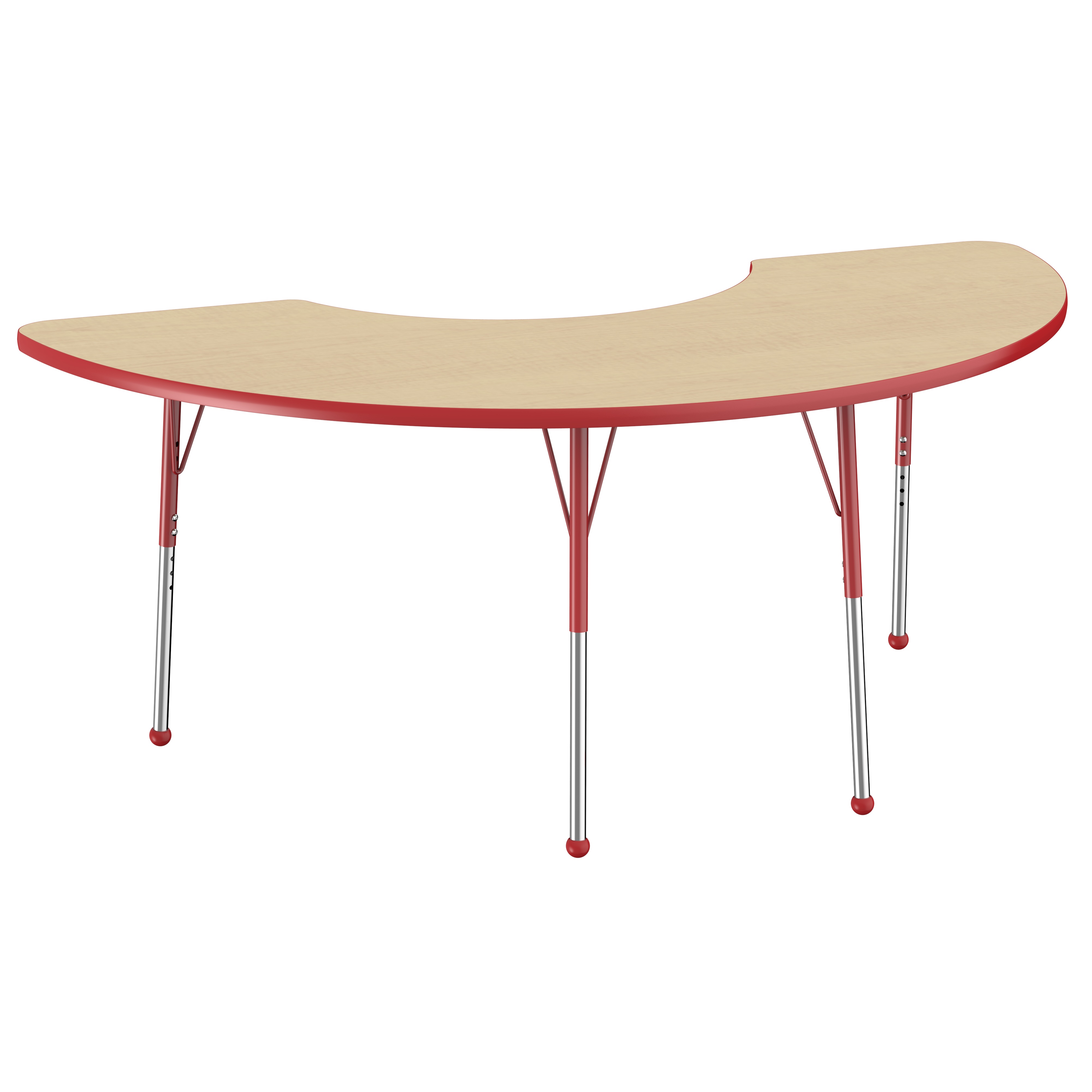 36" x 72" Half Moon T-Molding Activity Table with Adjustable Standard Ball Glide Legs - Maple/Red