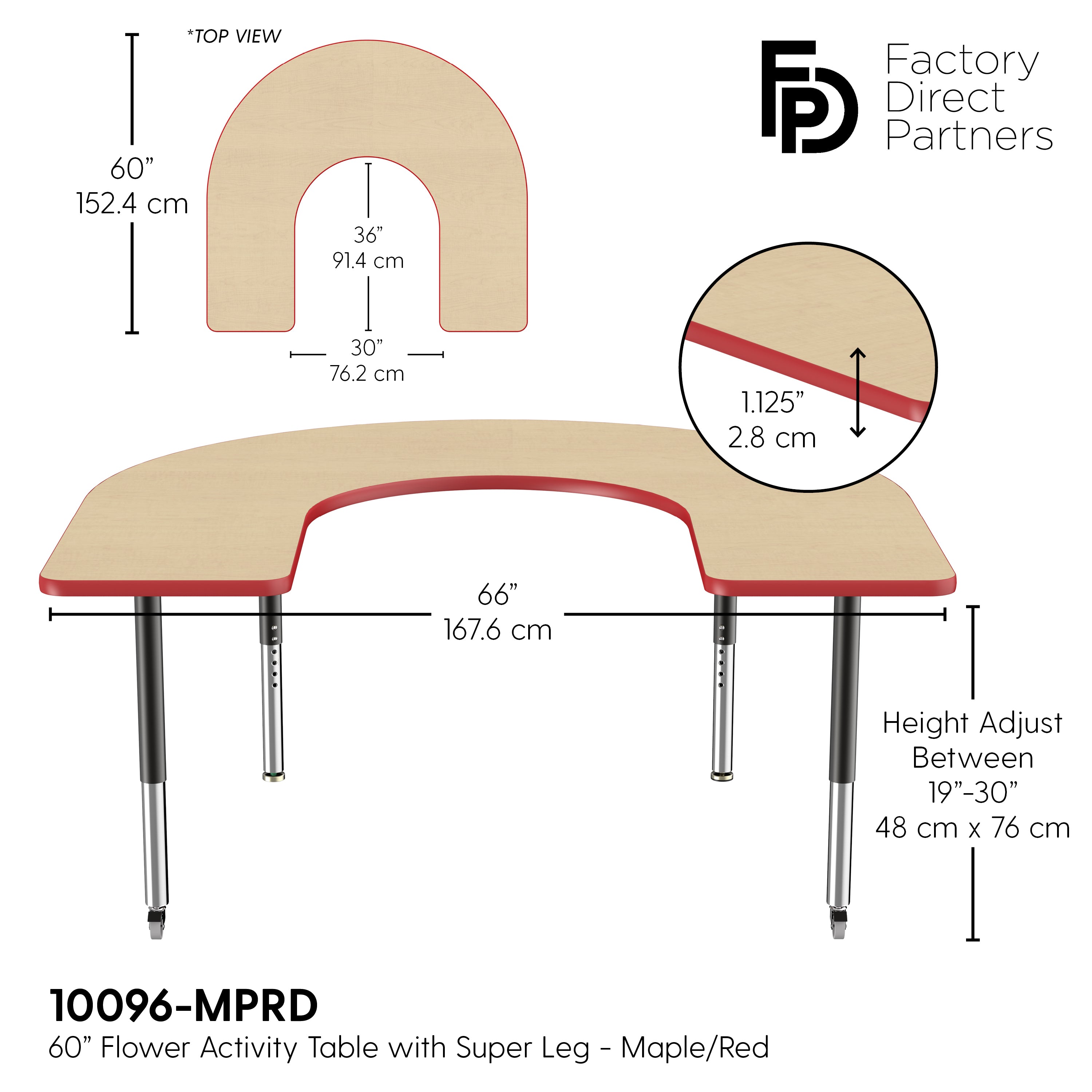 60" x 66" Horseshoe T-Molding Activity Table with Adjustable Super Legs - Maple/Red/Black