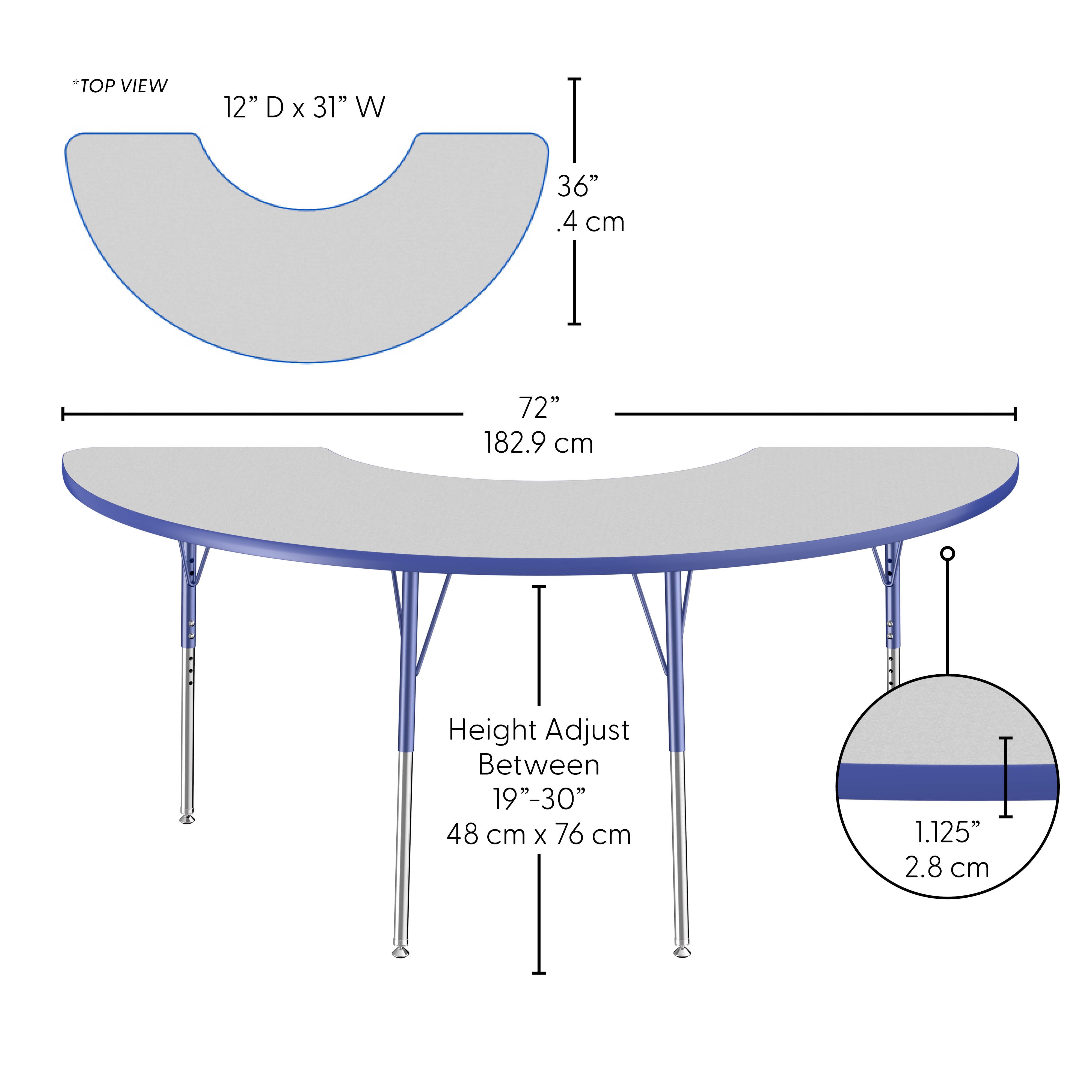 36" x 72" Half Moon Thermofused Activity Table with Adjustable Standard Swivel Glide Legs - Gray/Blue