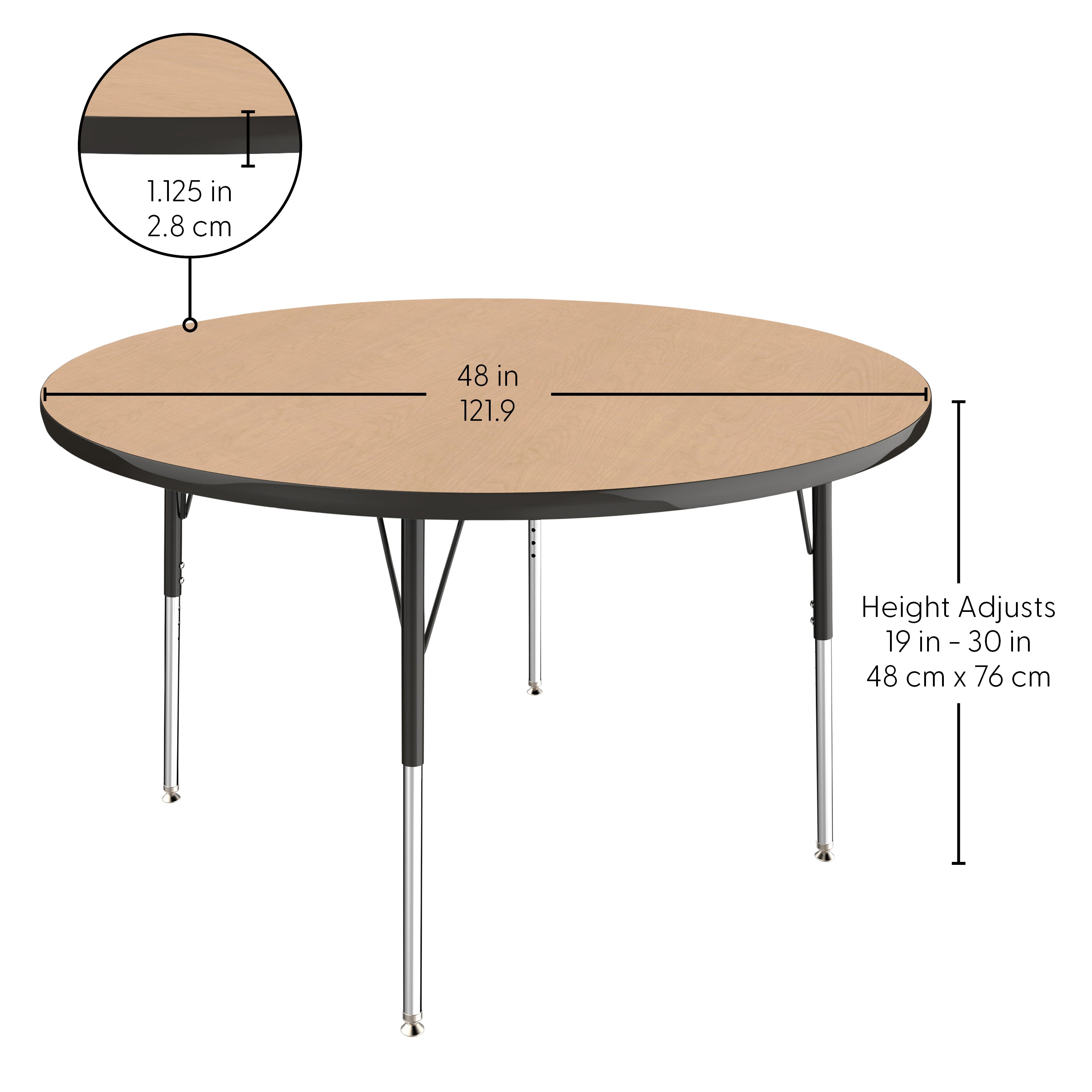 48" Round T-Molding Activity Table with Adjustable Standard Swivel Glide Legs - Maple/Black