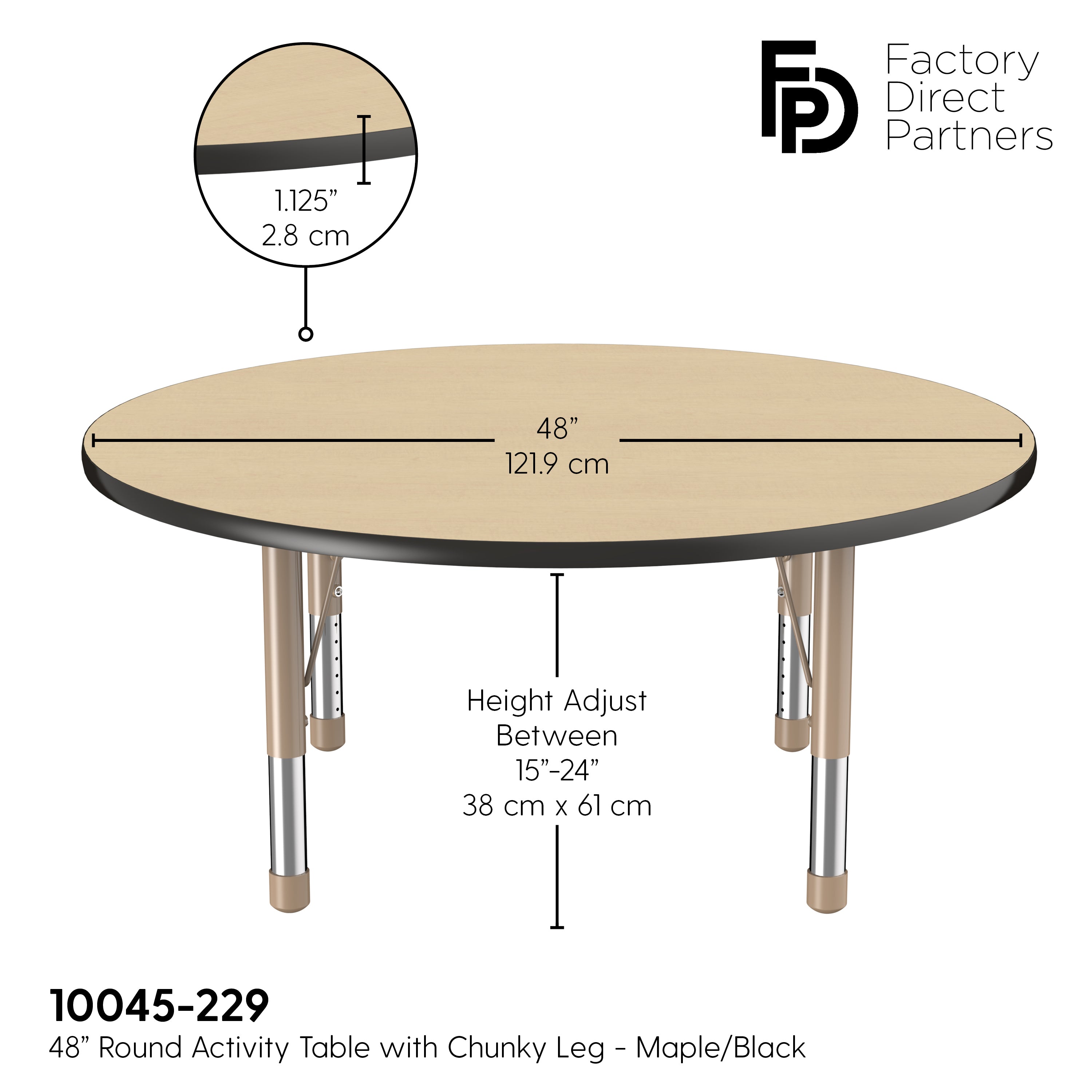 48" Round T-Molding Activity Table with Adjustable Chunky Legs - Maple/Black/Sand