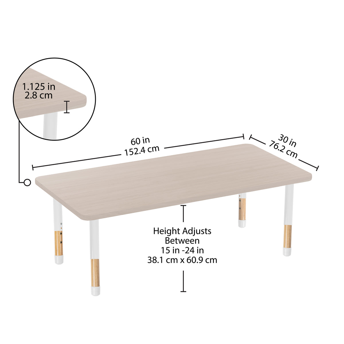 30" x 60" Rectangle Thermofused Activity Table with Adjustable Chunky Wood Legs - Asian Sand/White/Natural