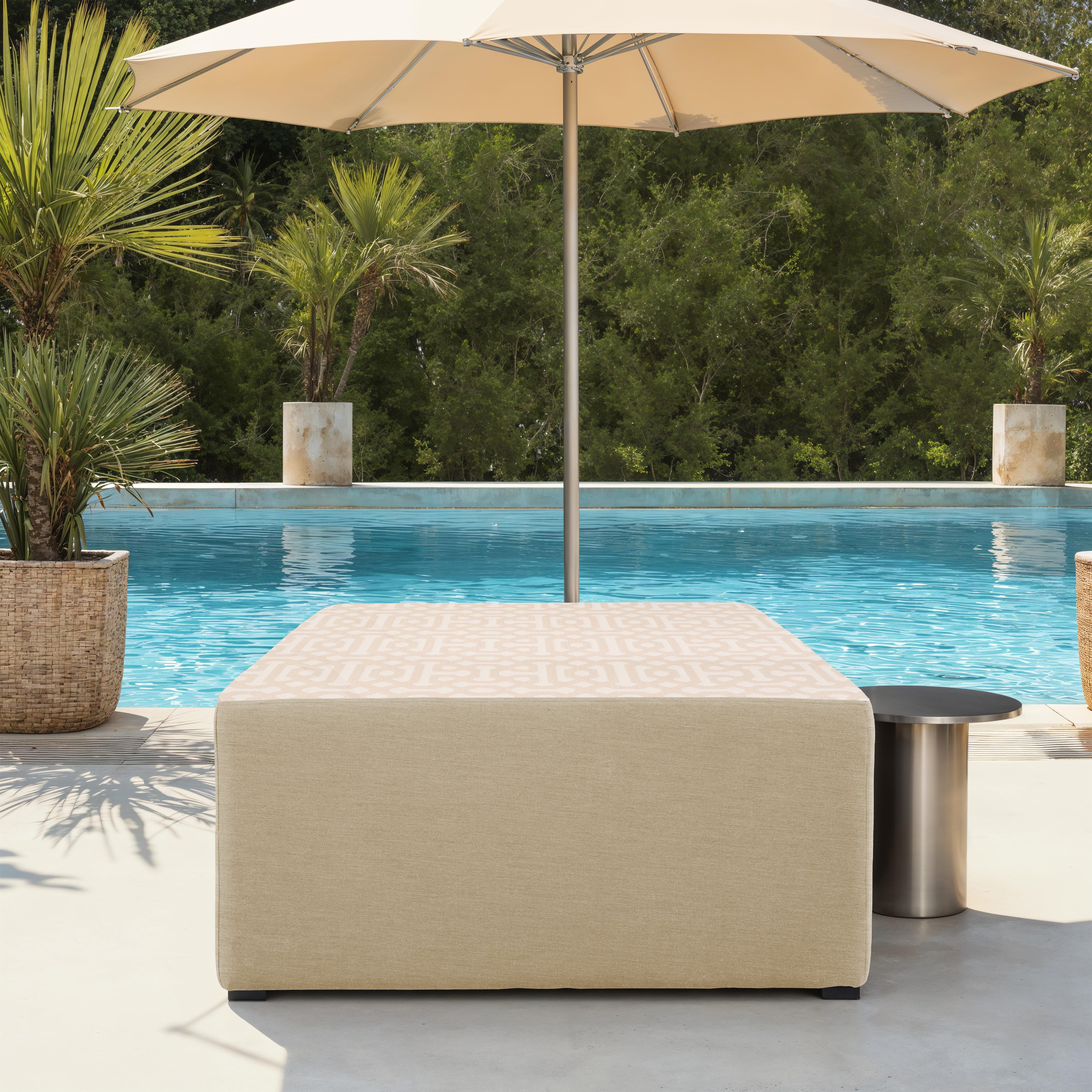 Outdoor 36" Square Ottoman with Sunbrella, 18" H - Fretwork Flax/Spectrum Sand