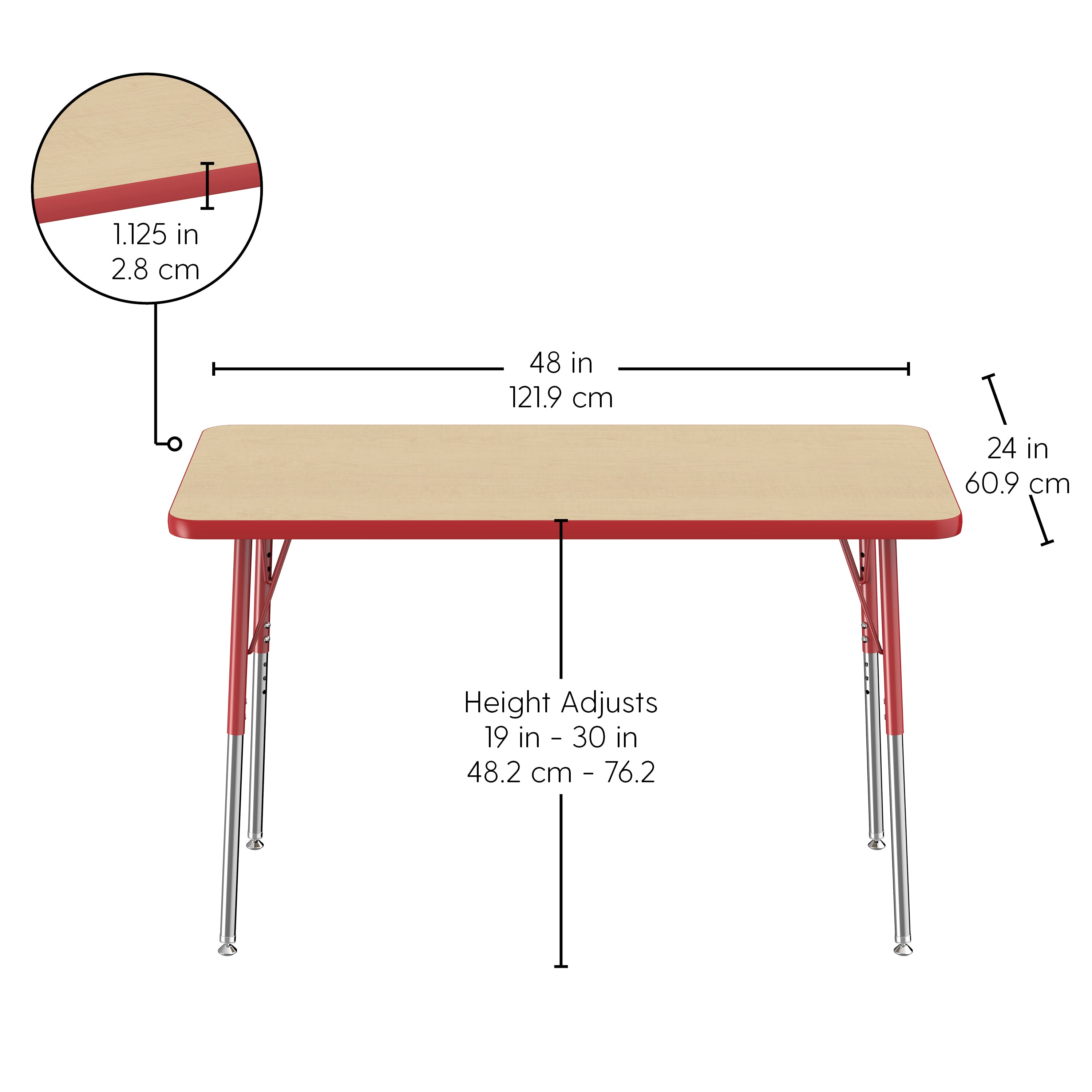 24" x 48" Rectangle T-Molding Activity Table with Adjustable Standard Swivel Glide Legs - Maple/Red