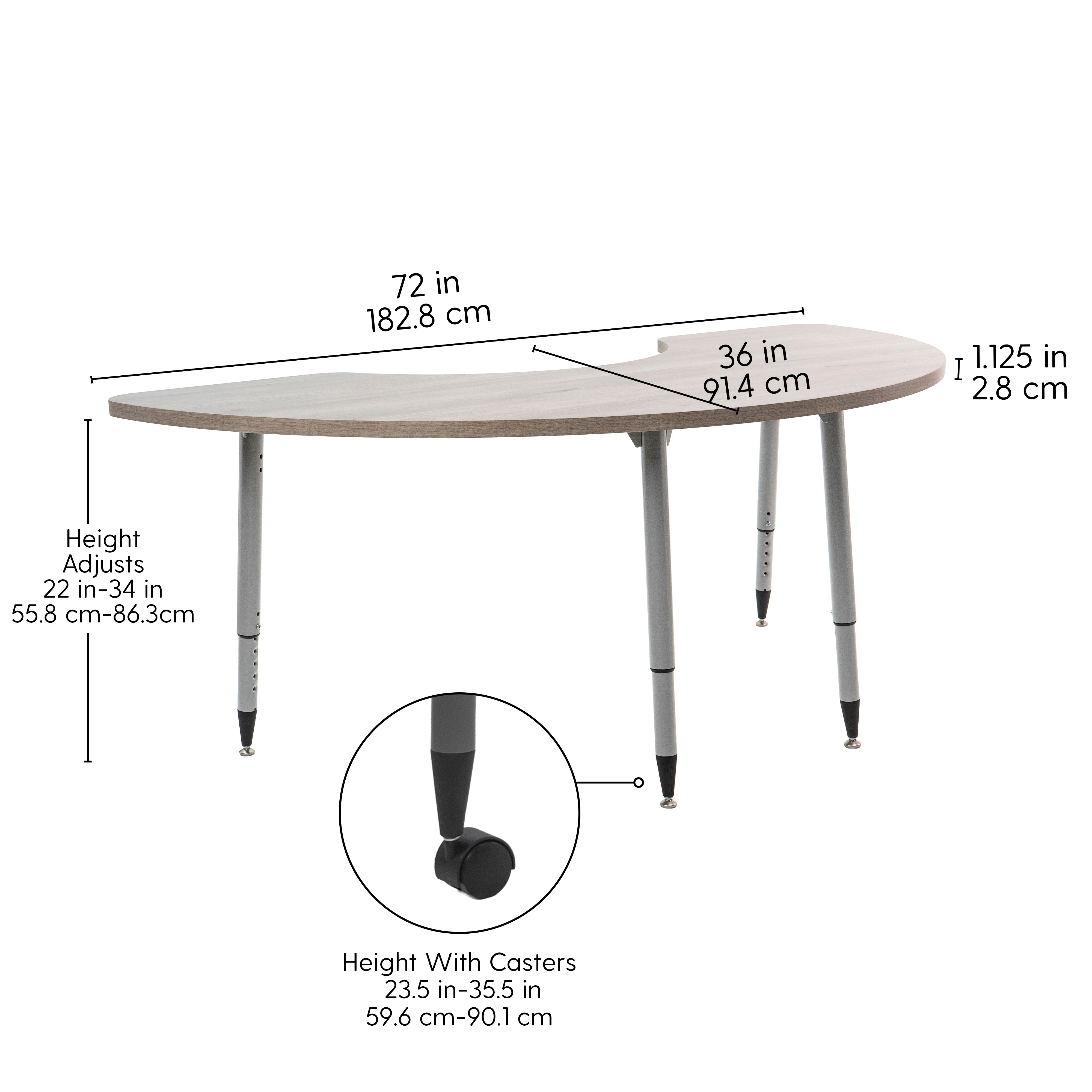 Adapte 36" x 72" Half Moon Woodgrain Activity Table with Adjustable Tapered Legs - Light Gray Wood/Silver