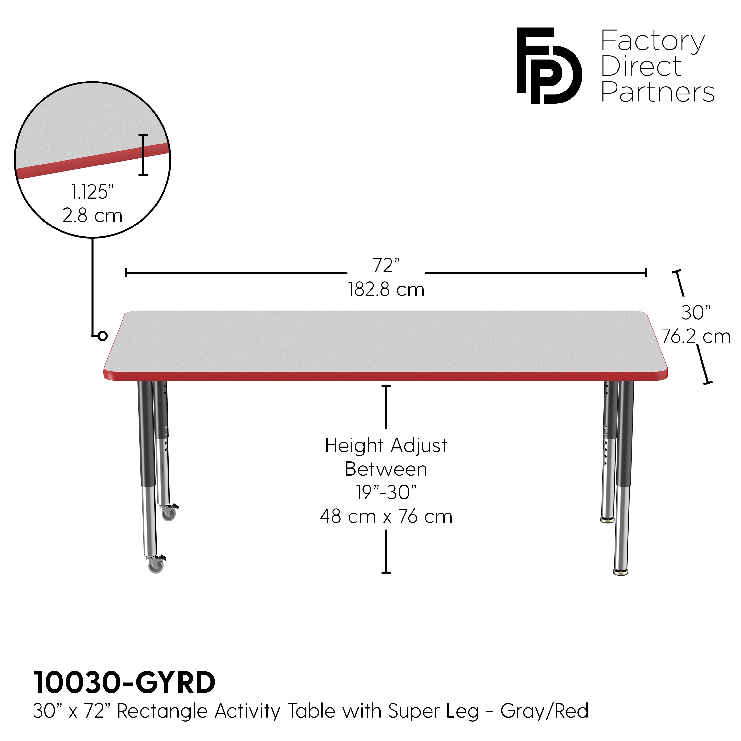 30" x 72" Rectangle T-Molding Activity Table with Adjustable Super Legs - Gray/Red/Black