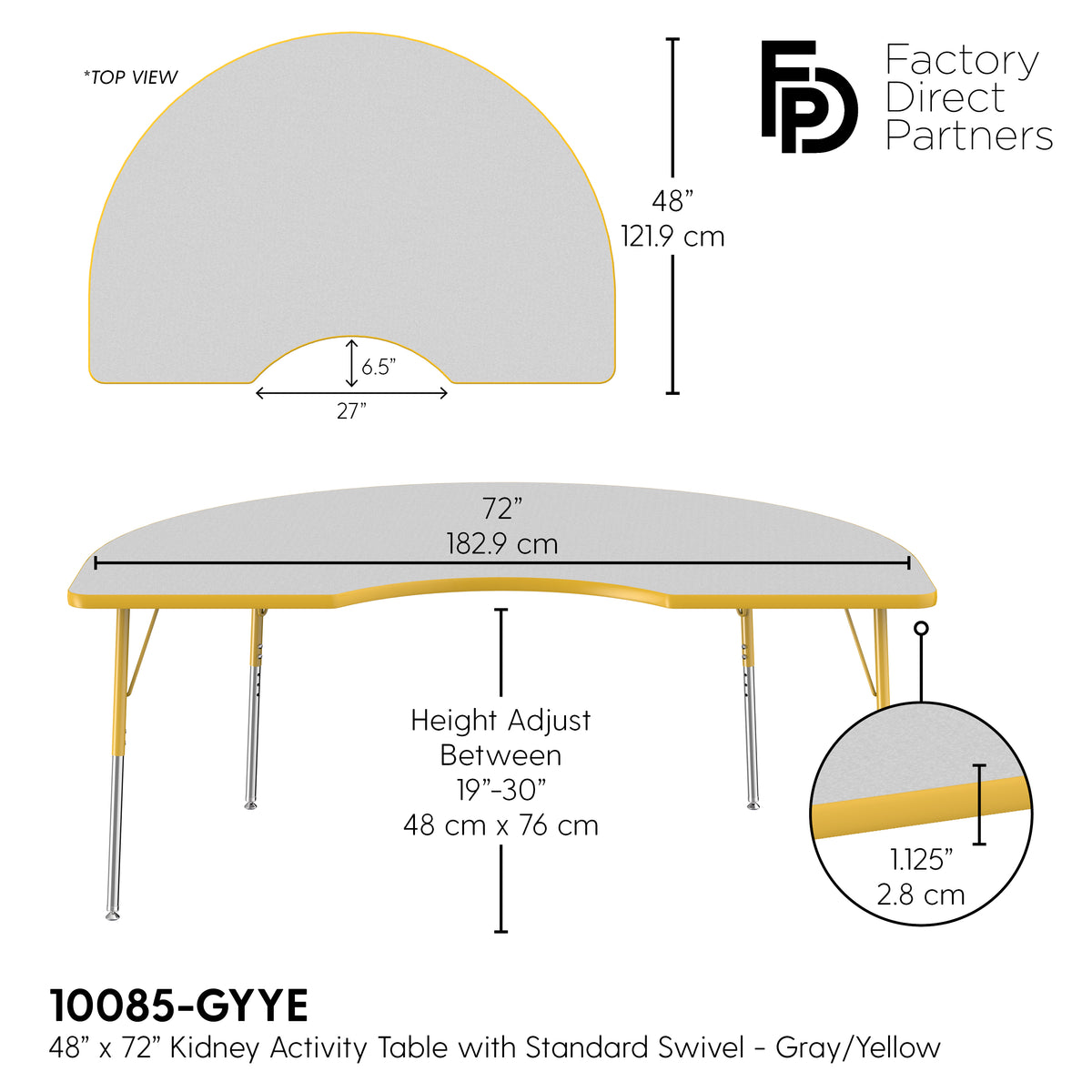 48" x 72" Kidney T-Molding Activity Table with Adjustable Standard Swivel Glide Legs - Gray/Yellow