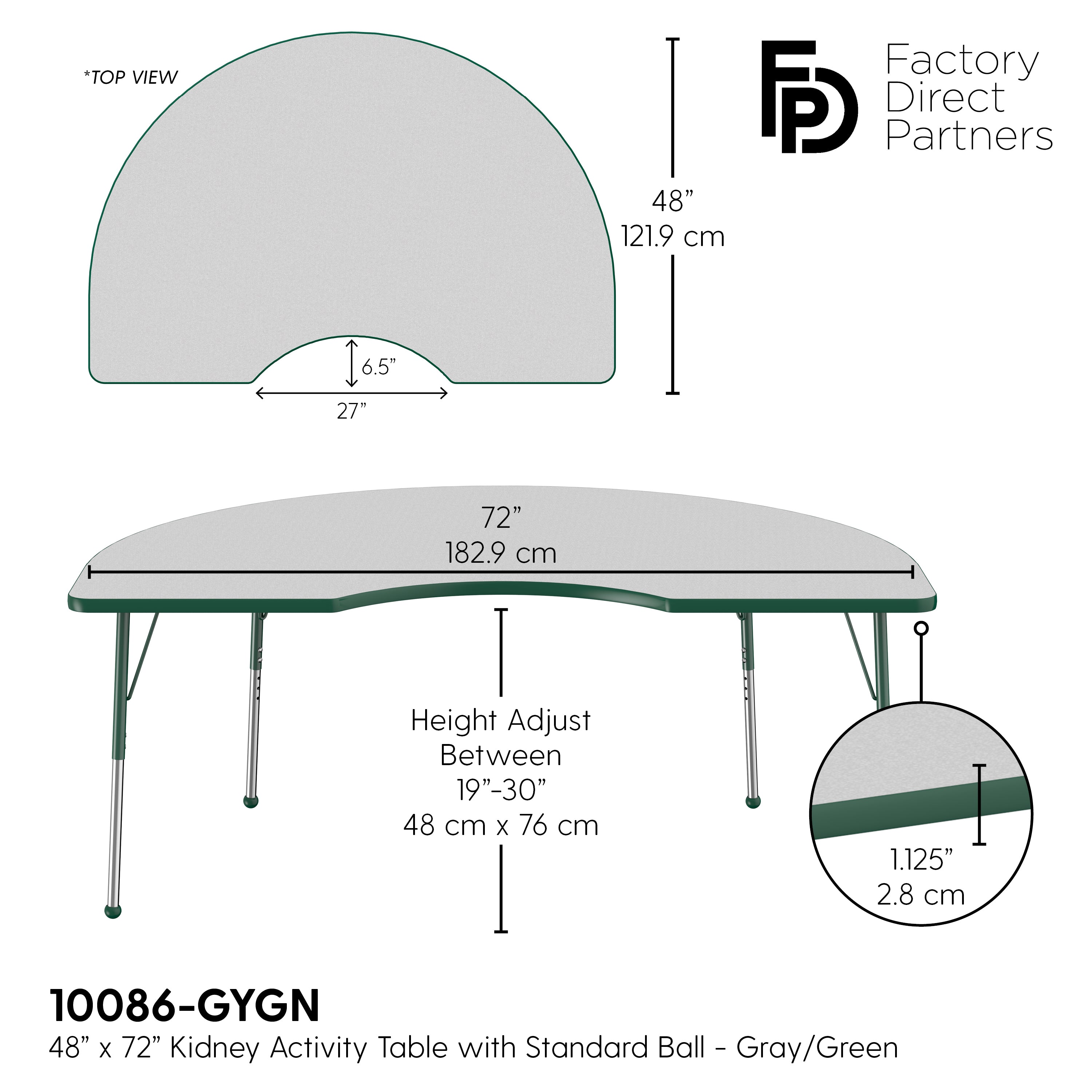 48" x 72" Kidney T-Molding Activity Table with Adjustable Standard Ball Glide Legs - Gray/Green