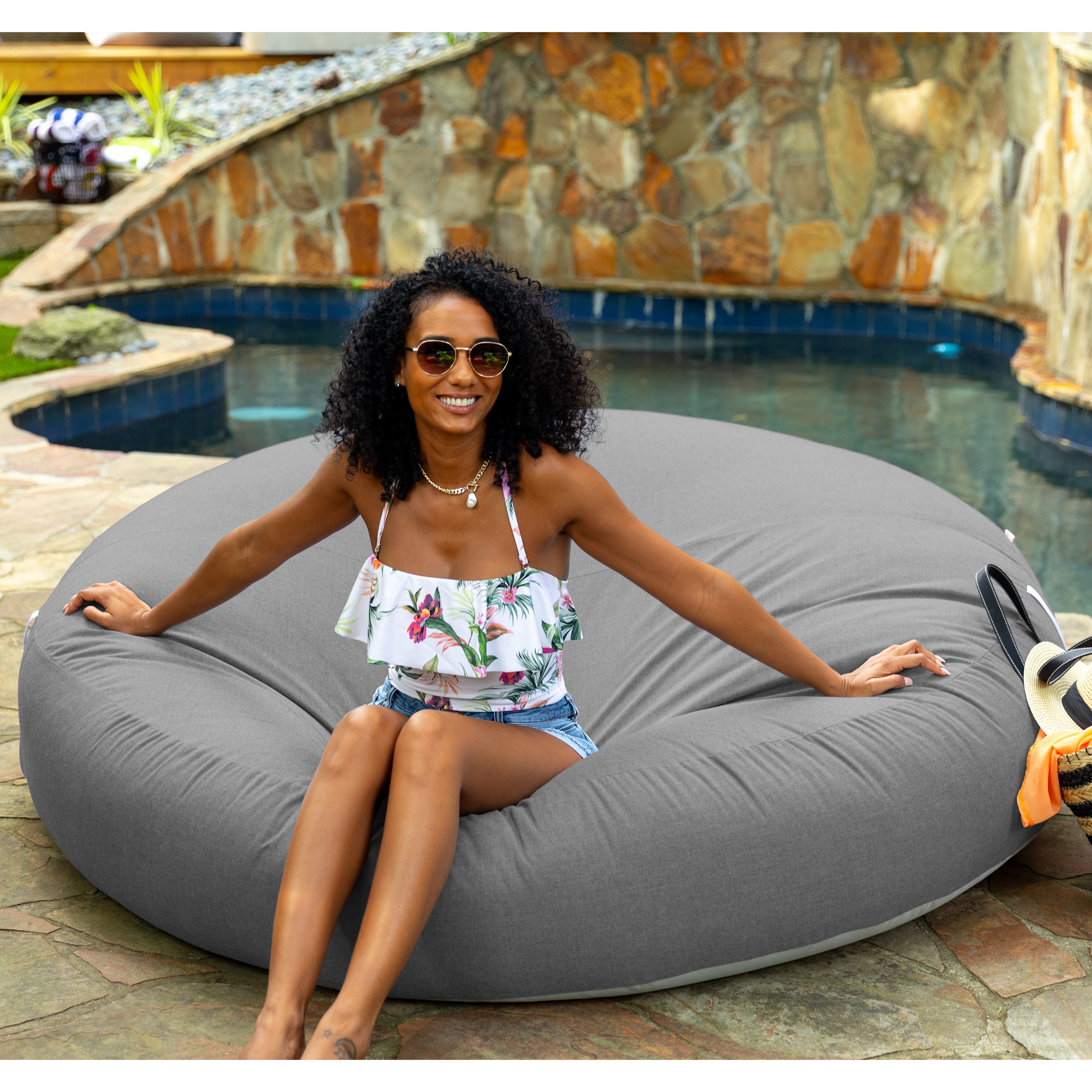 Coza Cocoon Sun Bed - Giant Outdoor Round Lounge for Resort Style & Beachfront Relaxation - Sunbrella, Charcoal