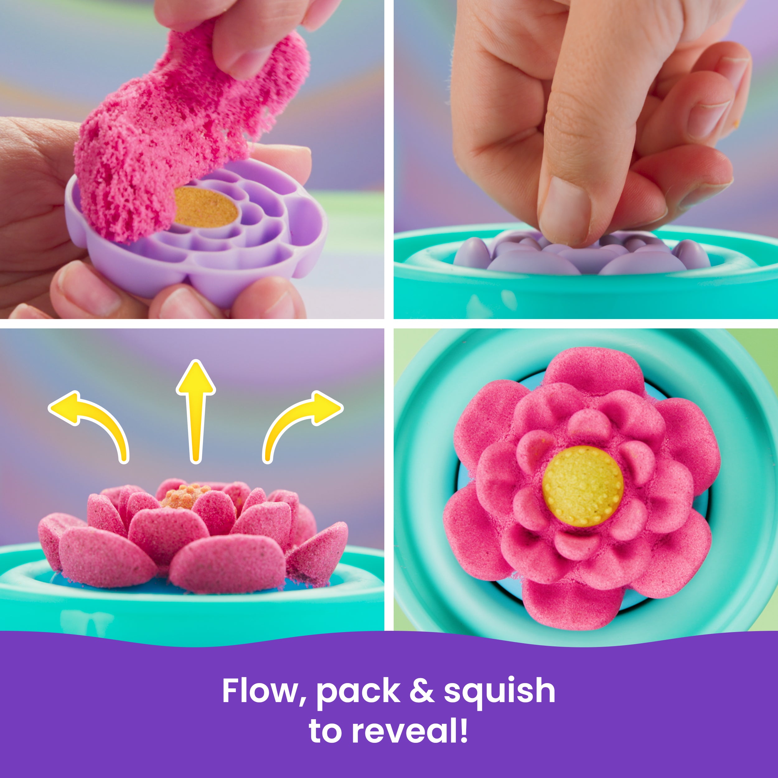 Kinetic Sand, SquishBlossom Blooming Flower with 8oz Neon Yellow & Pink Play Sand, Pot & Molds, Gifts for Mom & Kids, Arts and Crafts Sensory Toys