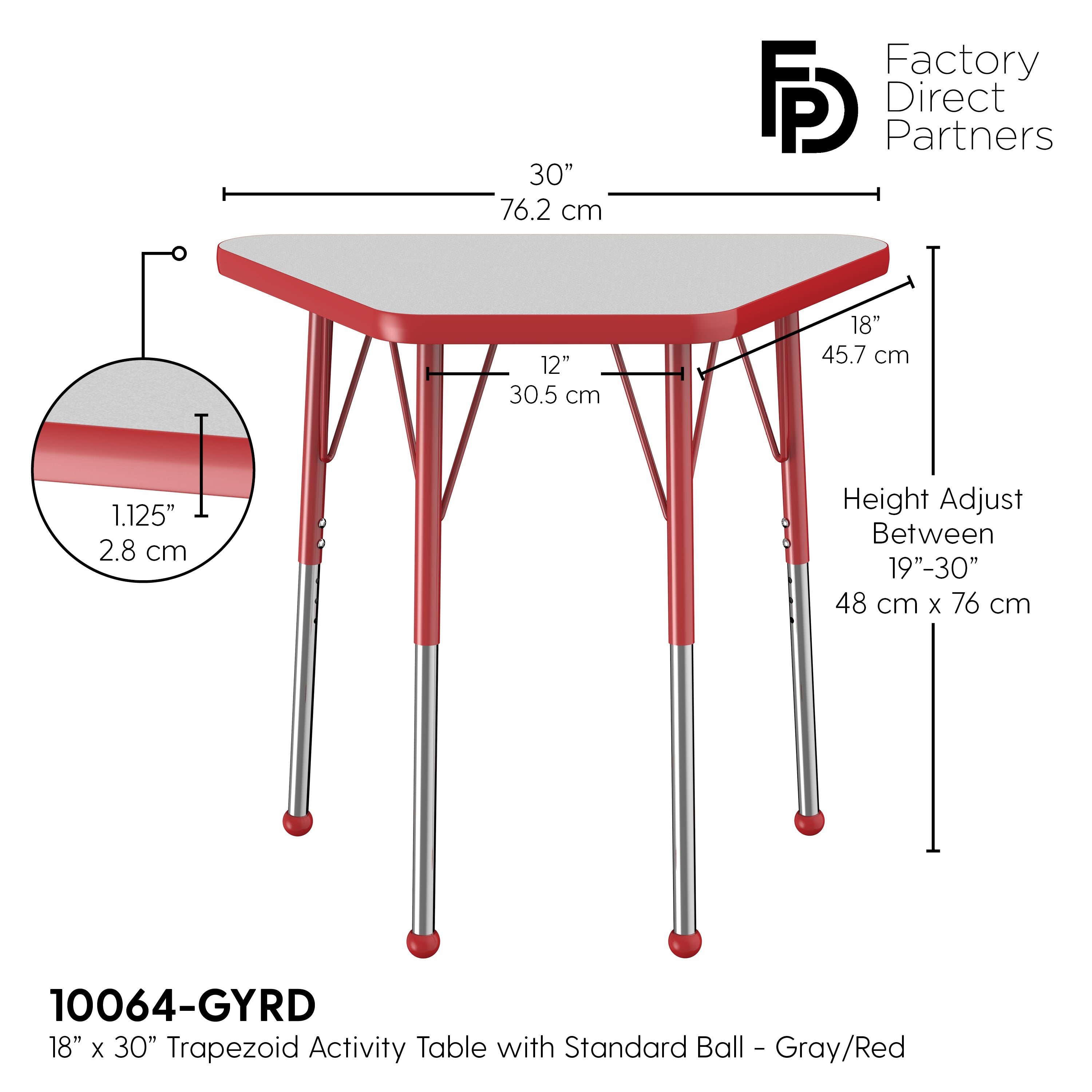 18" x 30" Trapezoid T-Molding Activity Table with Adjustable Standard Ball Glide Legs - Gray/Red
