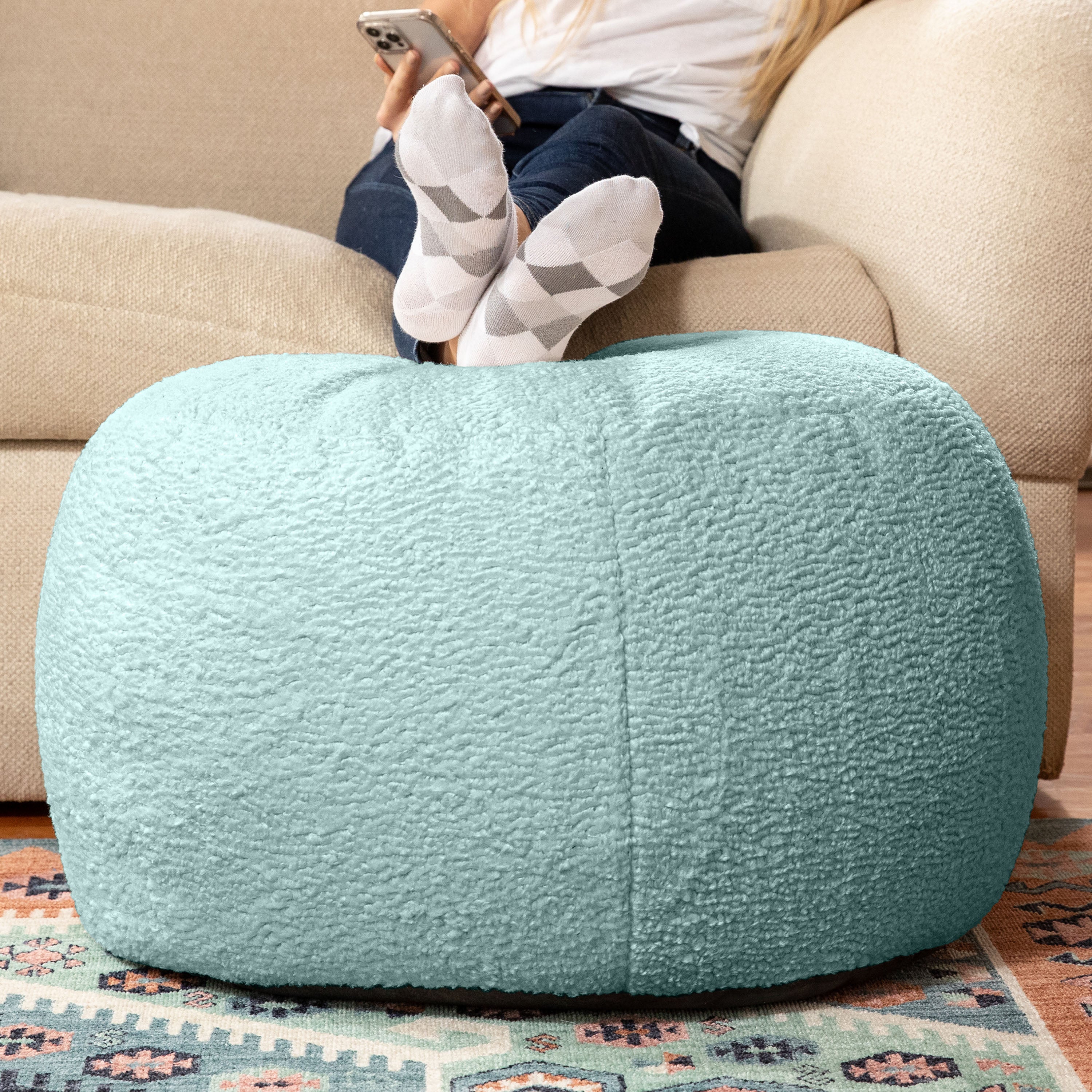 Jaxx Ellis Ottoman Shearling Faux-Lamb Plush Pouf for Modern Interior Design, Large, Mineral Green