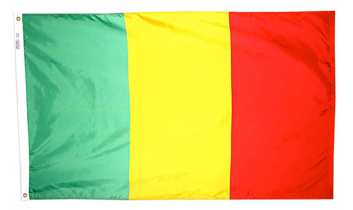 Mali Flag 2x3 ft. Nylon SolarGuard Nyl-Glo 100% Made in USA to Official United Nations Design Specifications.