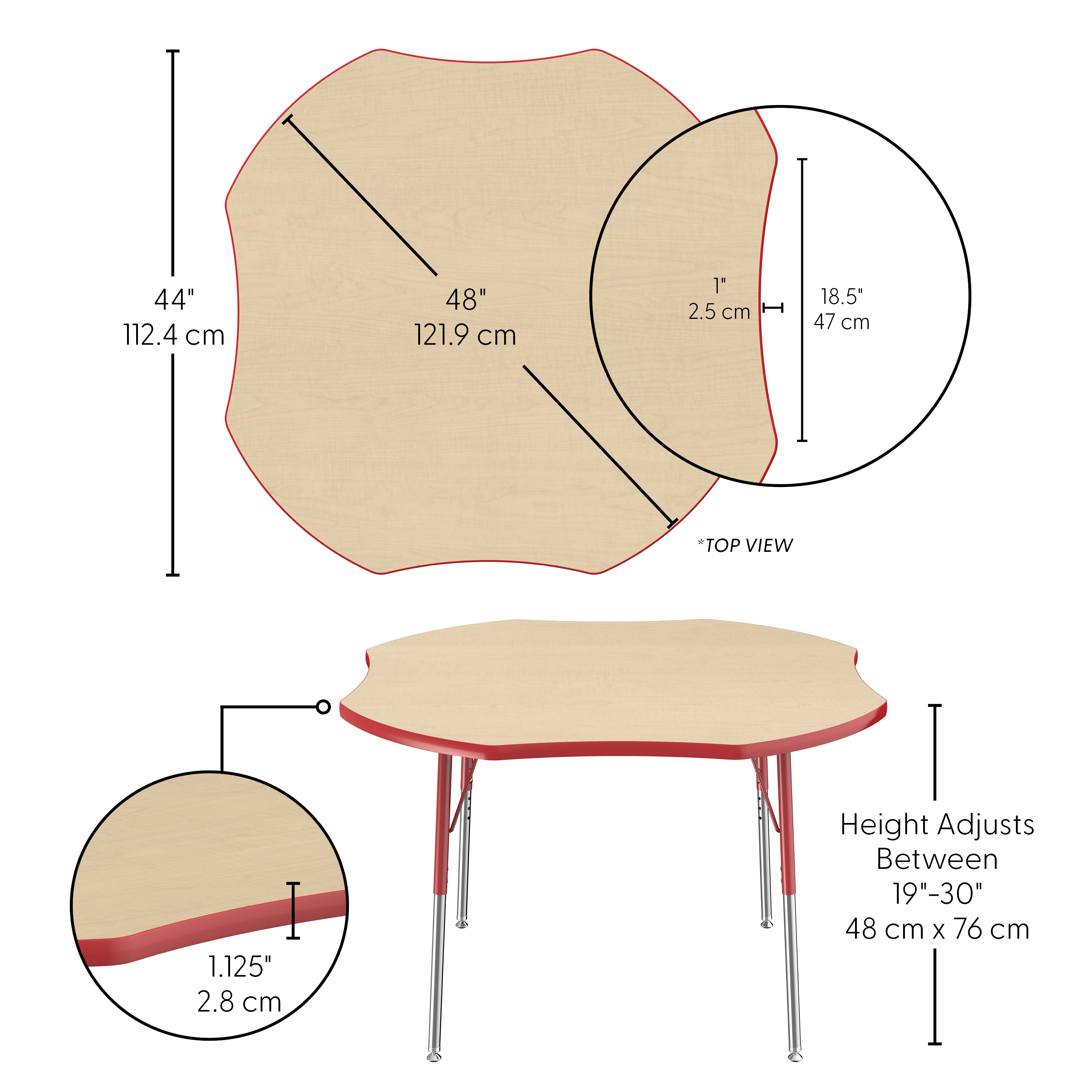 48" x 48" Clover T-Molding Activity Table with Adjustable Standard Swivel Glide Legs - Maple/Red