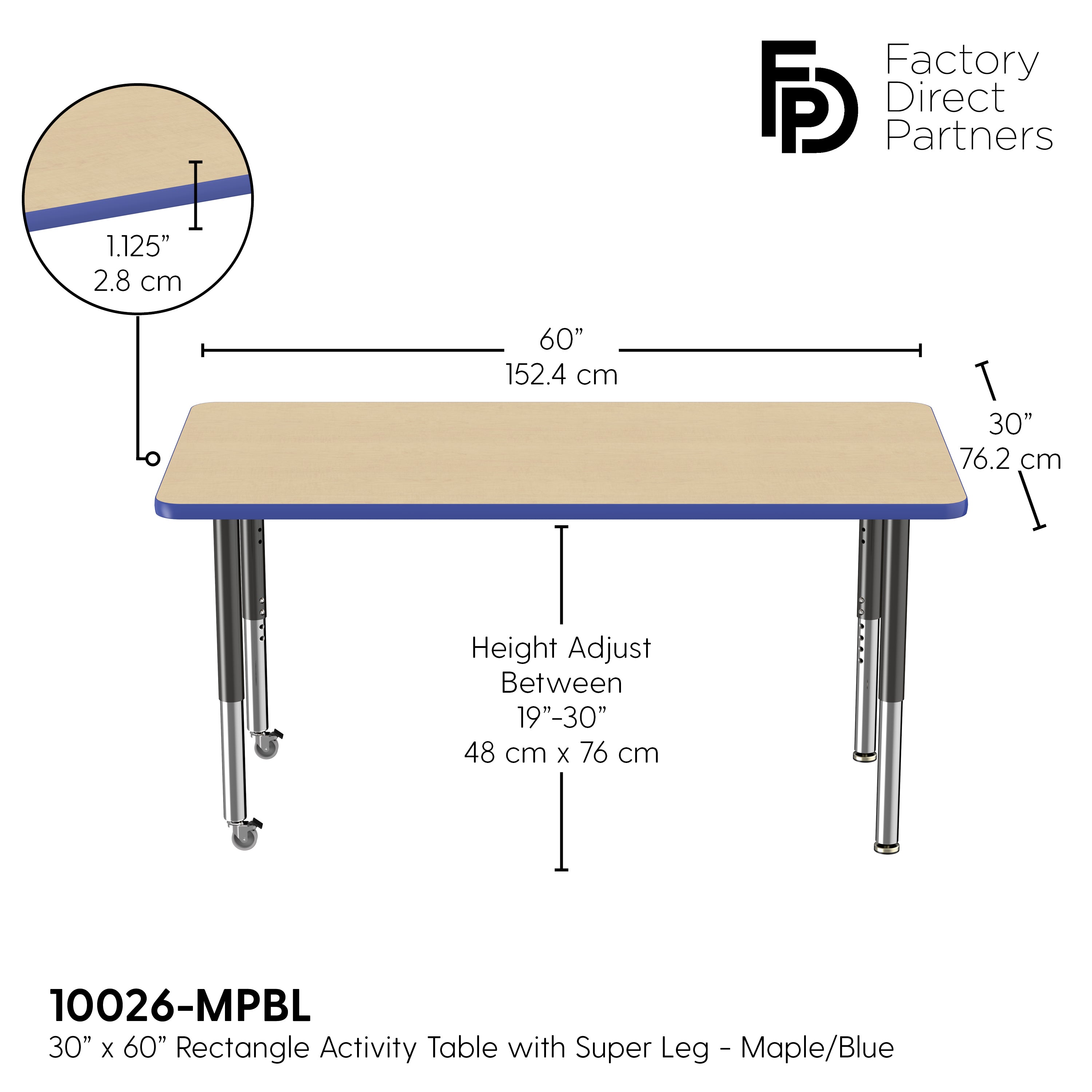 30" x 60" Rectangle T-Molding Activity Table with Adjustable Super Legs - Maple/Blue/Black
