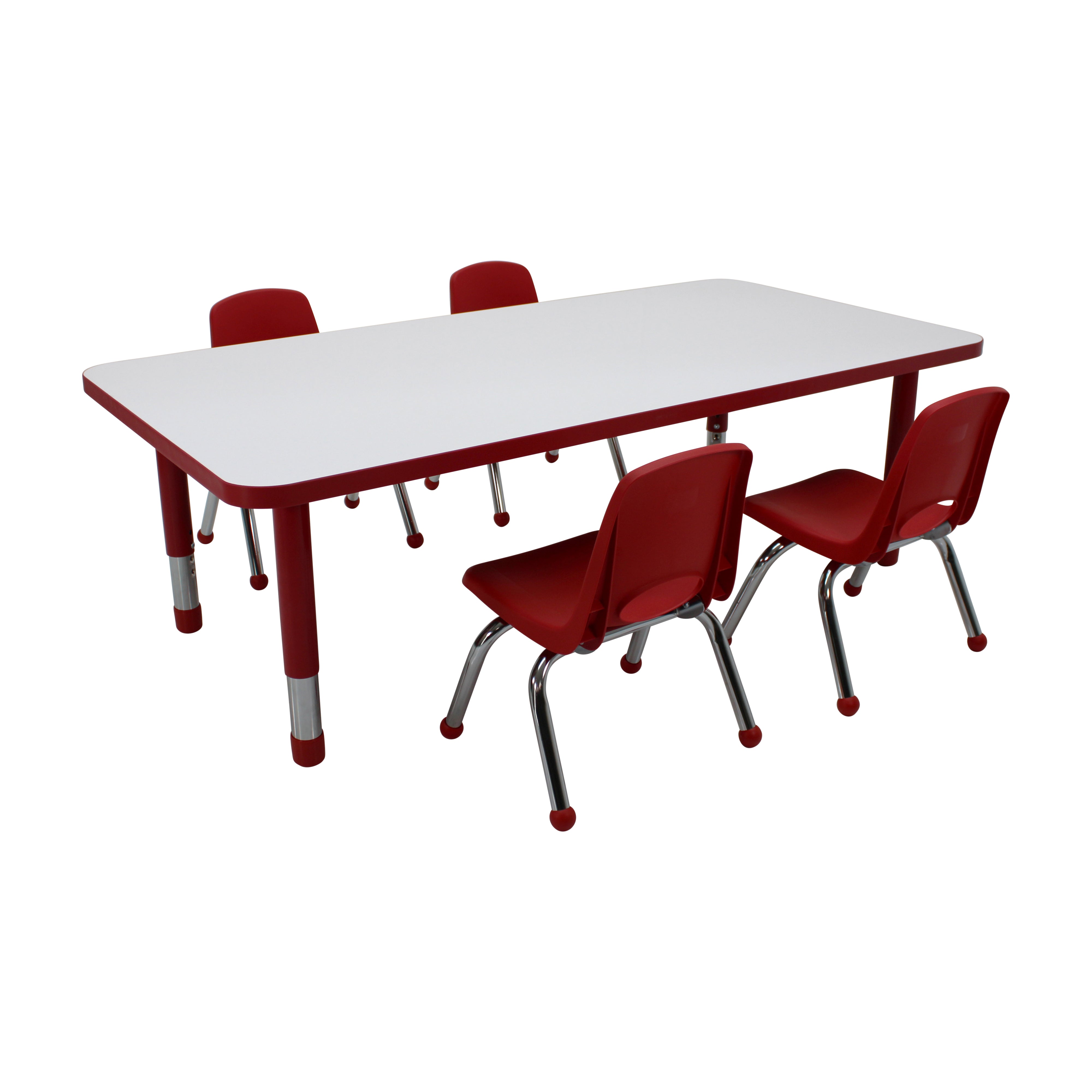 30" x 60" Rectangle Dry-Erase Activity Table with Chunky Legs and 10" Stack Chairs with Ball Glides, 5-Piece Set - Whiteboard/Red