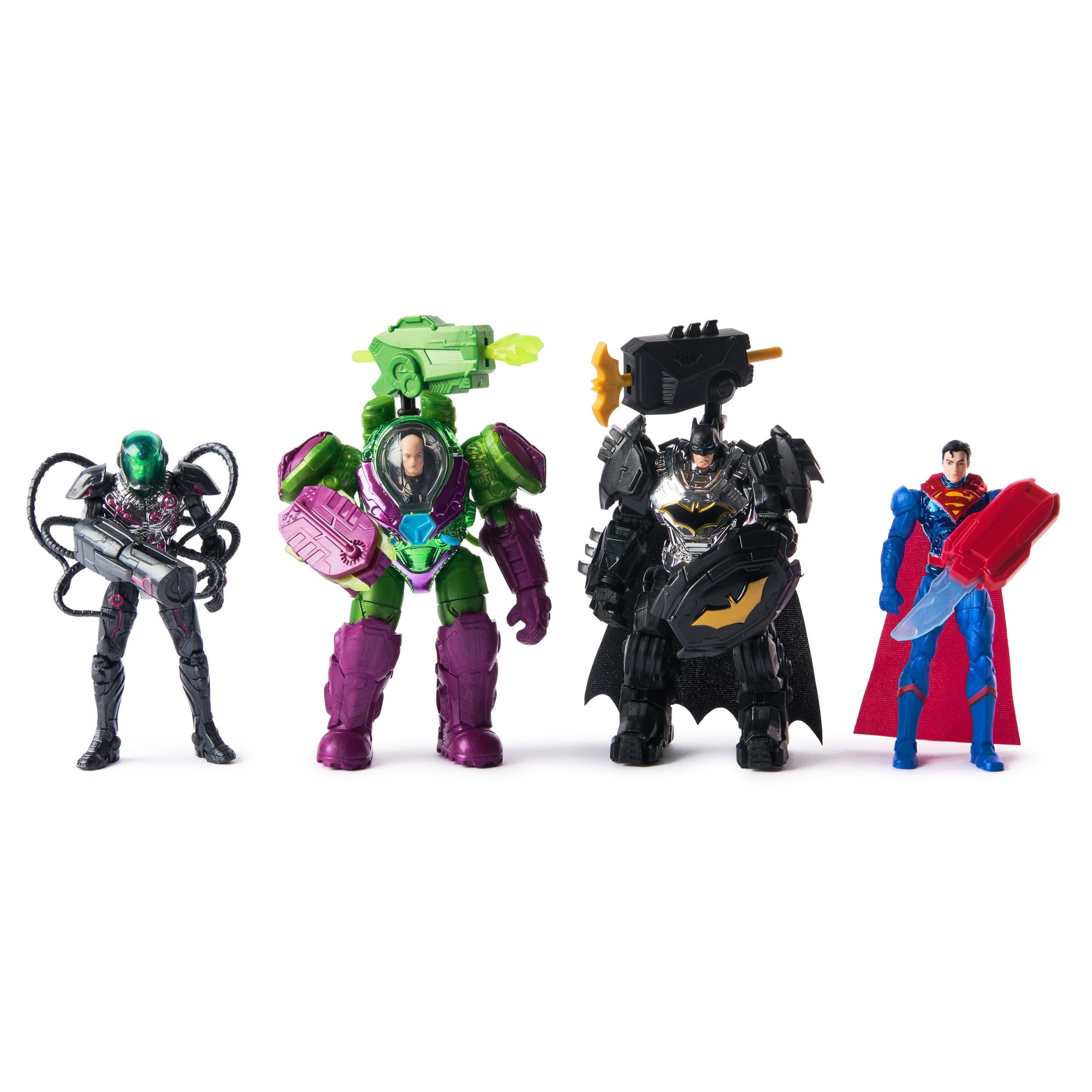 DC Comics, Metal Force Team Up Brainiac and Lex Luthor vs Batman and Superman Set, 4-Inch Action Figures with Exclusive Accessories, Includes Character Cards, Kids Toys of Boys Ages 4 and Up