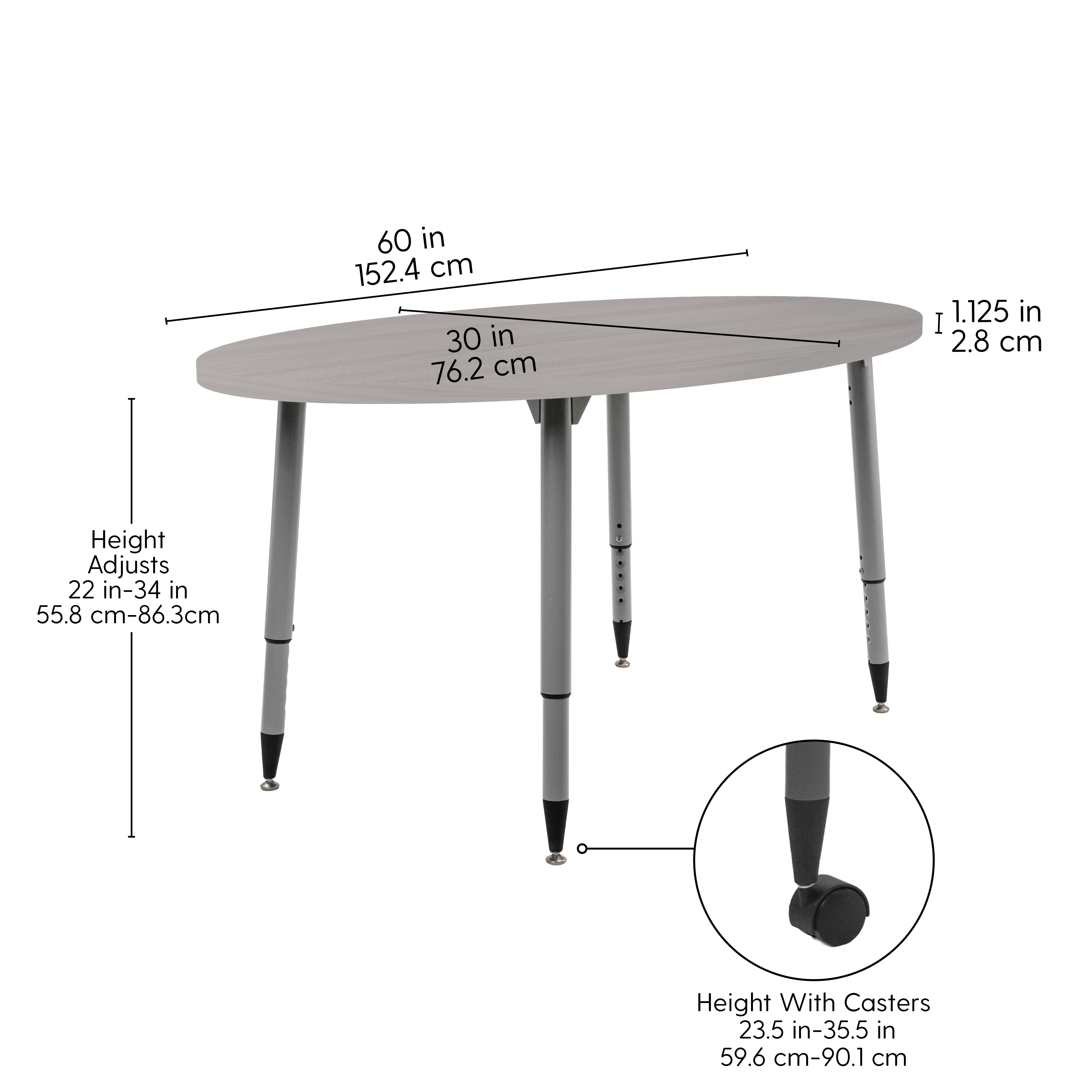 Adapte 30" x 60" Oval Woodgrain Activity Table with Adjustable Tapered Legs - Light Gray Wood/Silver
