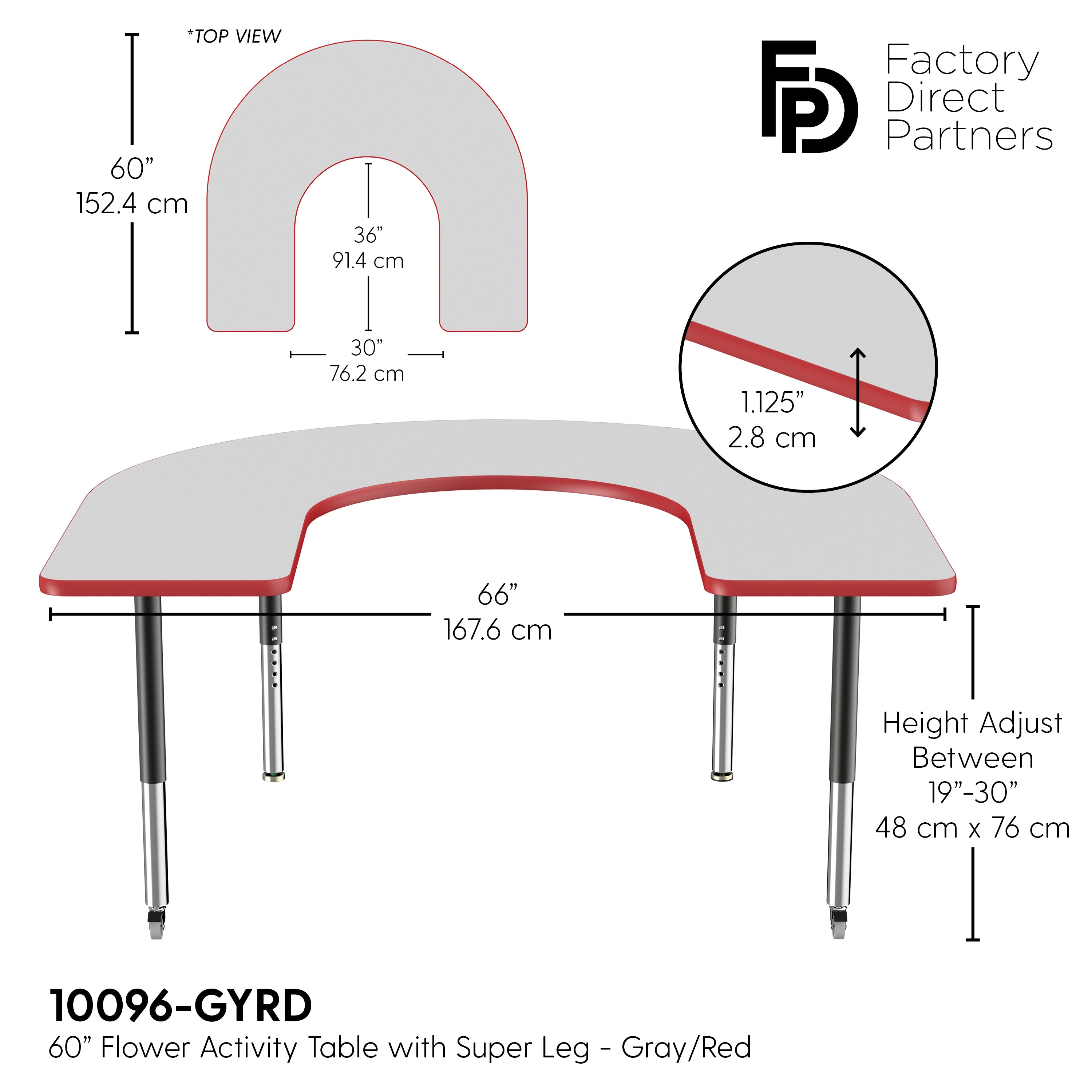 60" x 66" Horseshoe T-Molding Activity Table with Adjustable Super Legs - Gray/Red/Black
