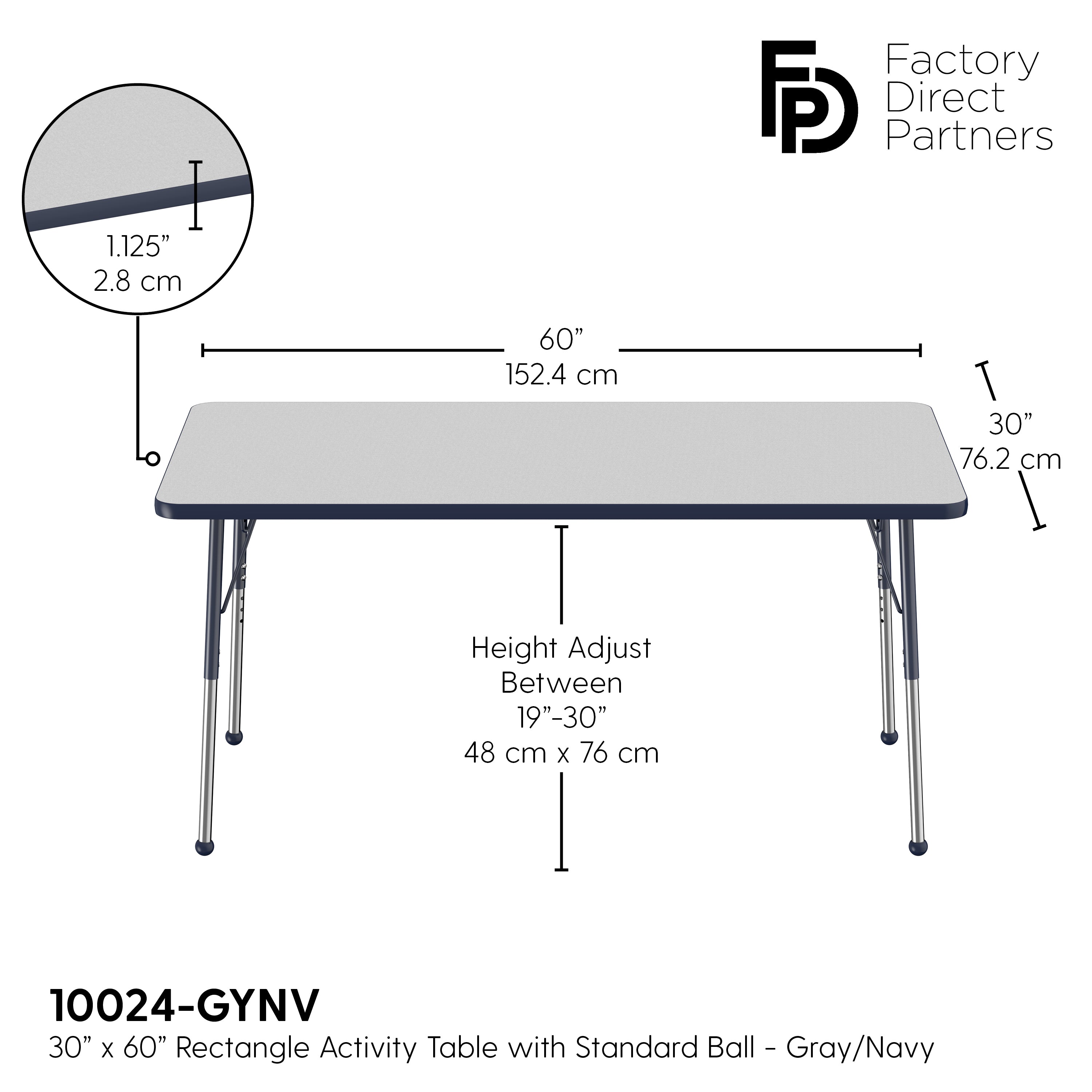 30" x 60" Rectangle T-Molding Activity Table with Adjustable Standard Ball Glide Legs - Gray/Navy
