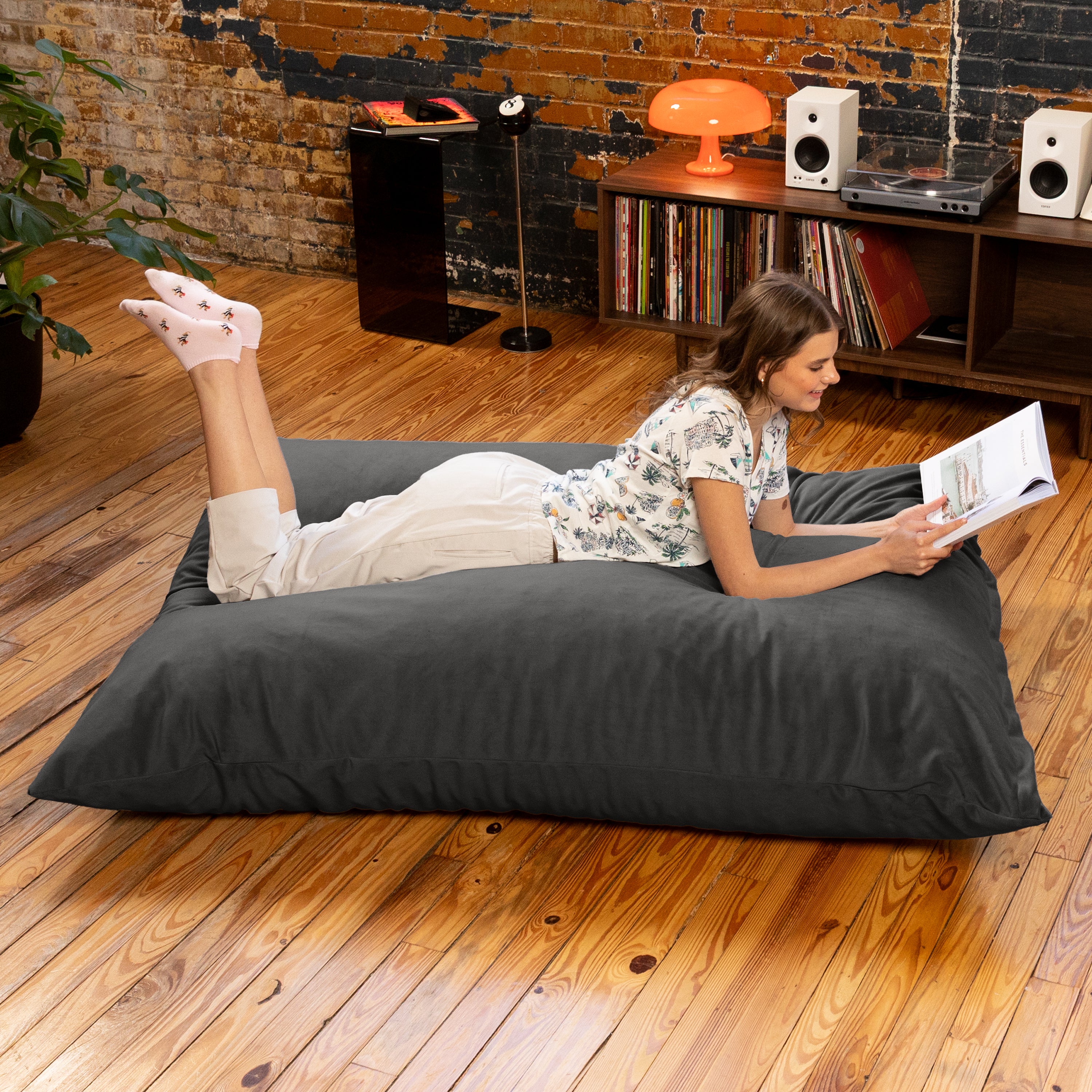 Pillow Saxx Bean Bag Rocking Chair - Elegant Oversized Rocker with Modern Wood Frame, Lush Velvet Black