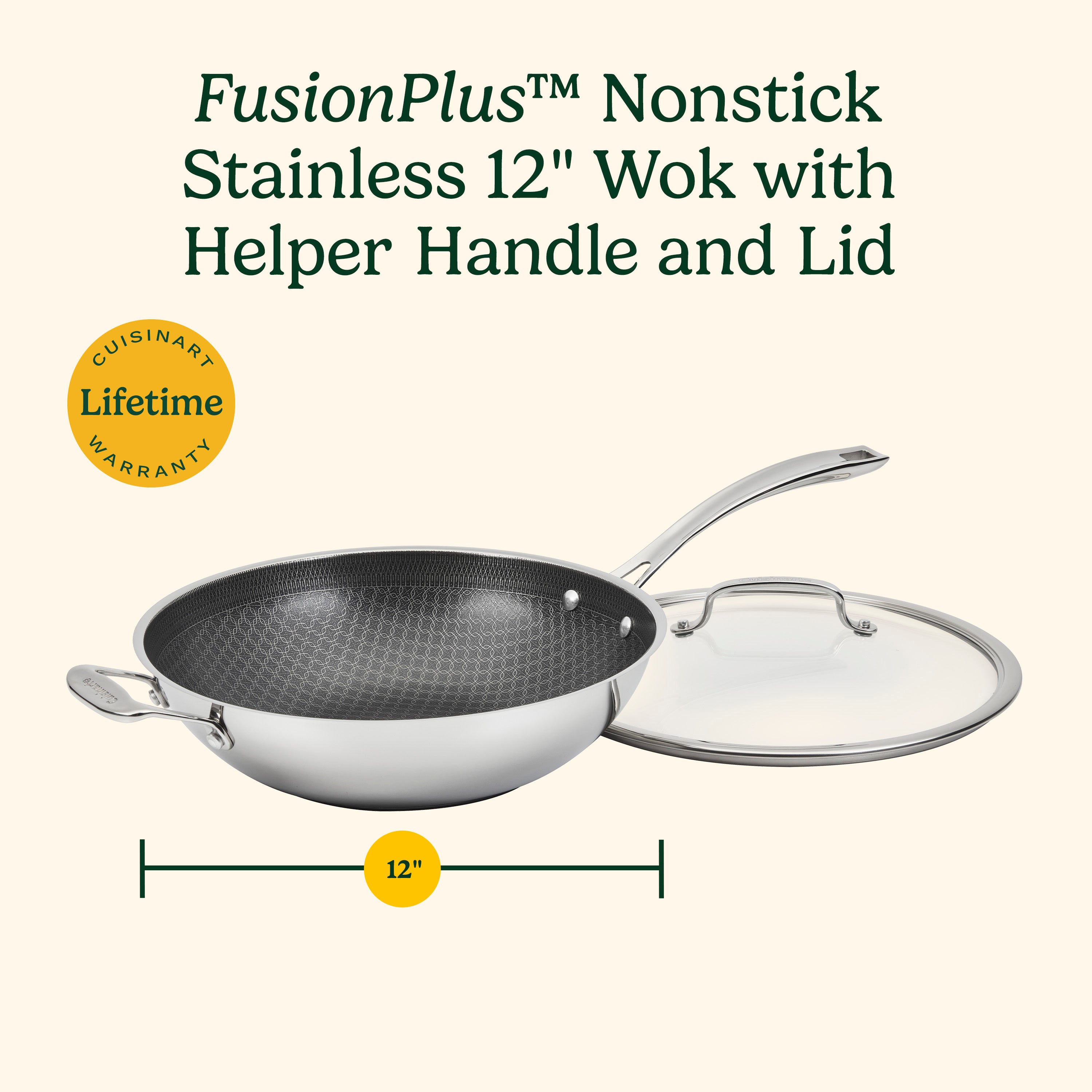 FusionPlus™ Stainless Steel 12" Wok with Lid and Helper Handle