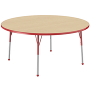 60" Round T-Molding Activity Table with Adjustable Standard Ball Glide Legs - Maple/Red