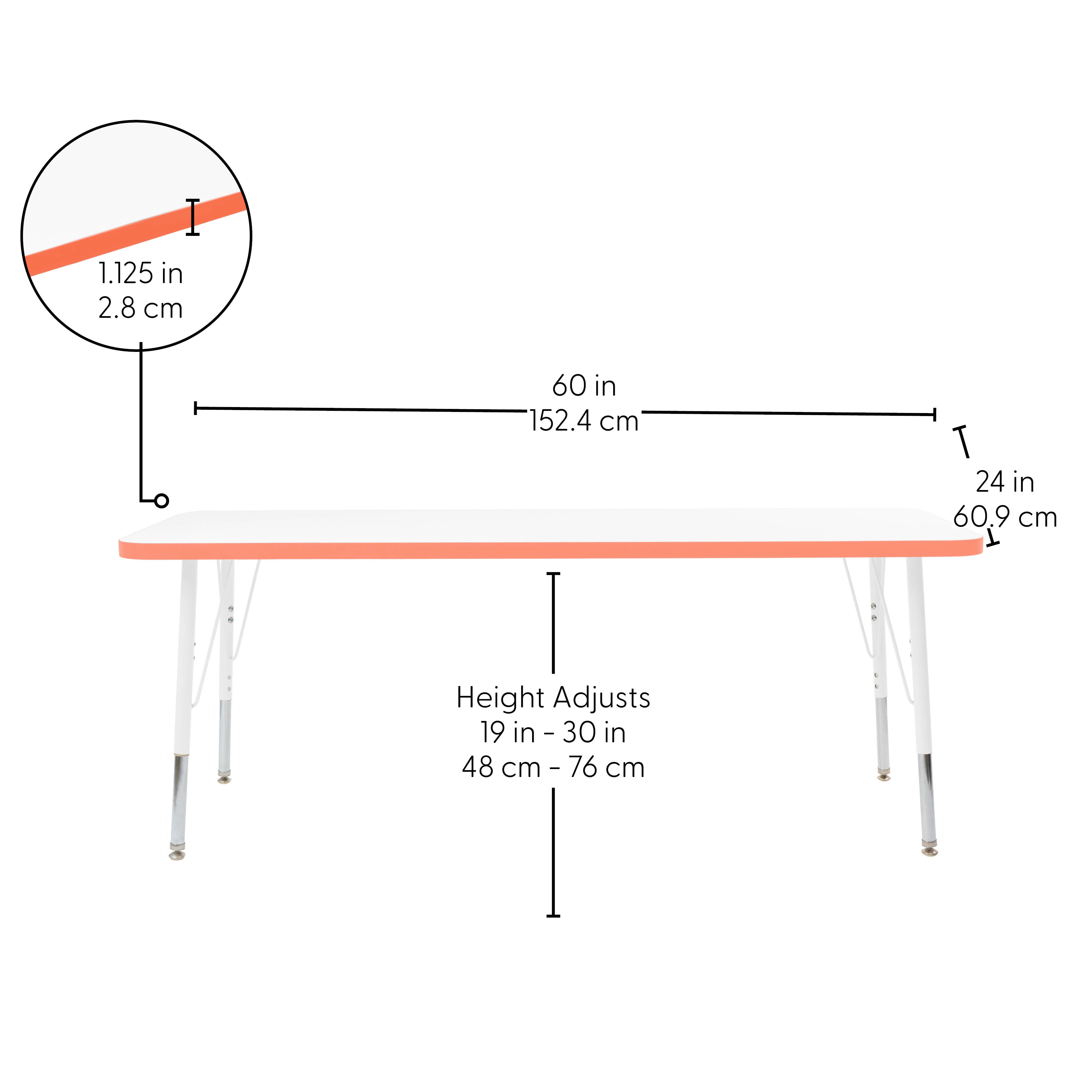 24" x 60" Rectangle Thermofused Activity Table with Adjustable Standard Swivel Glide Legs - White/Tangerine/White