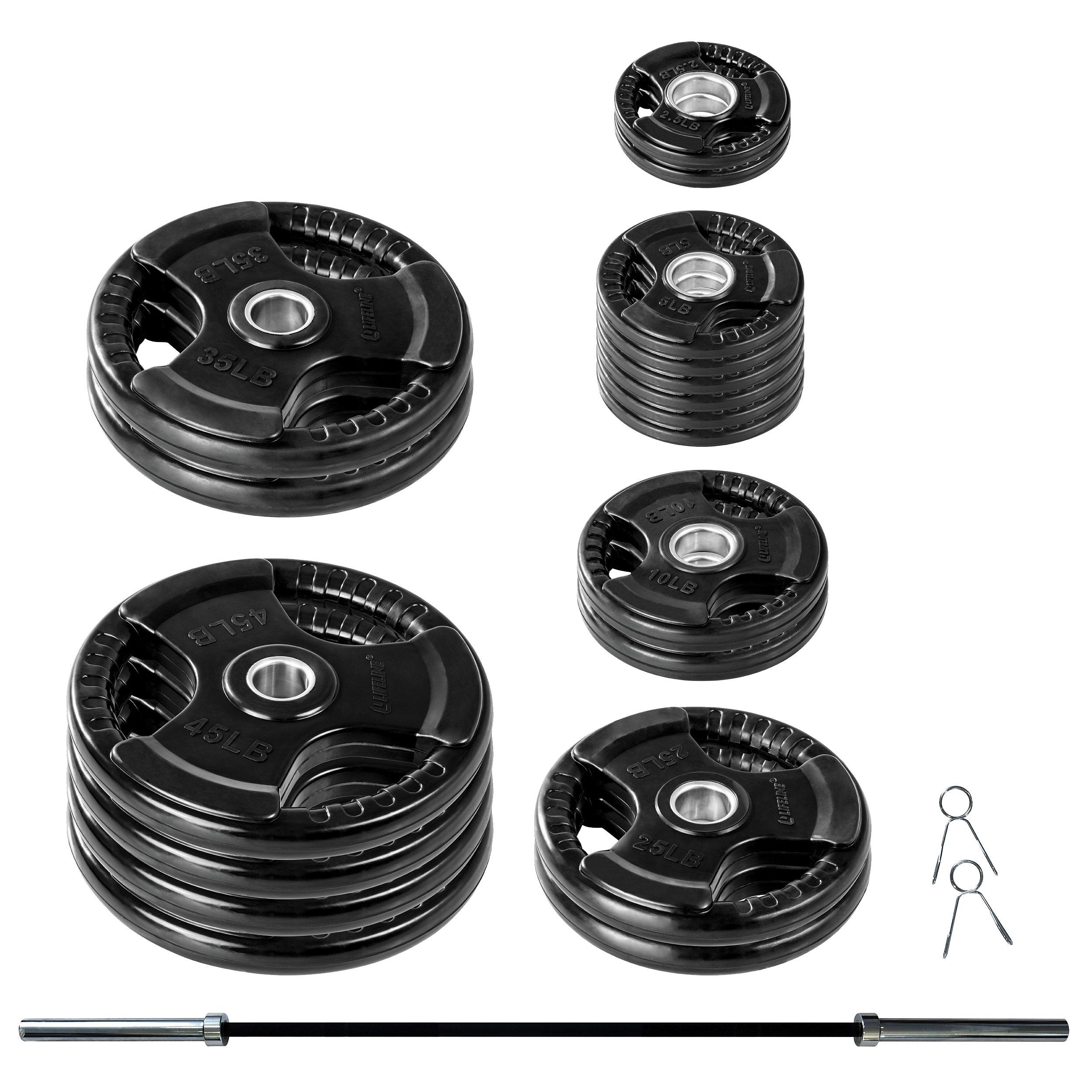 Lifeline 400Lb Pro Olympic Grip Plate (Rubber Coated) Set:  (2) 2.5Lb (6) 5Lb (2) 10Lb (2) 25Lb (2) 35Lb (4) 45Lb (1) 45Lb Olympic Bar W/(2) Collars