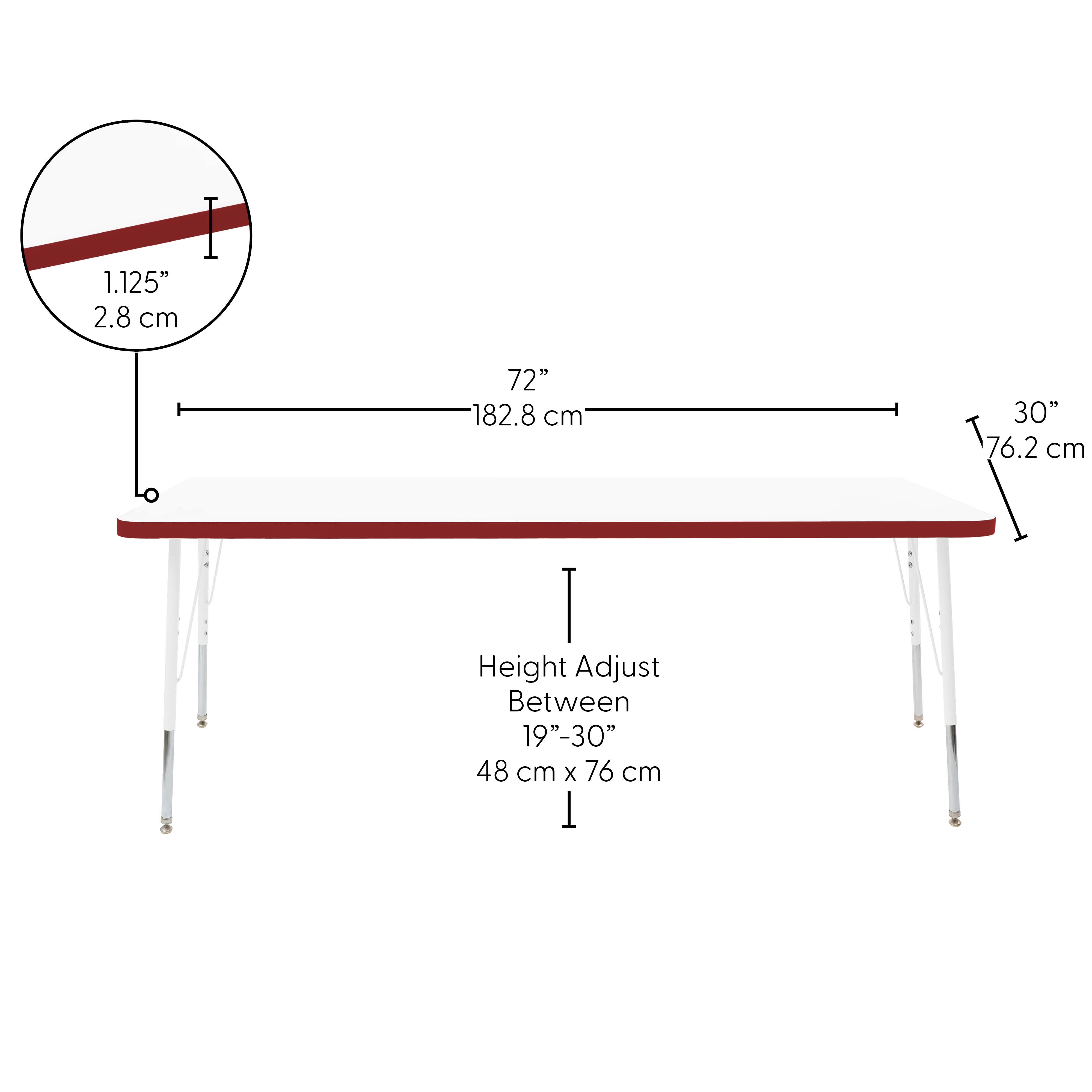 30" x 72" Rectangle Thermofused Activity Table with Adjustable Standard Swivel Glide Legs - White/Burgundy/White