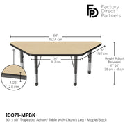 30" x 60" Trapezoid T-Molding Activity Table with Adjustable Chunky Legs - Maple/Black