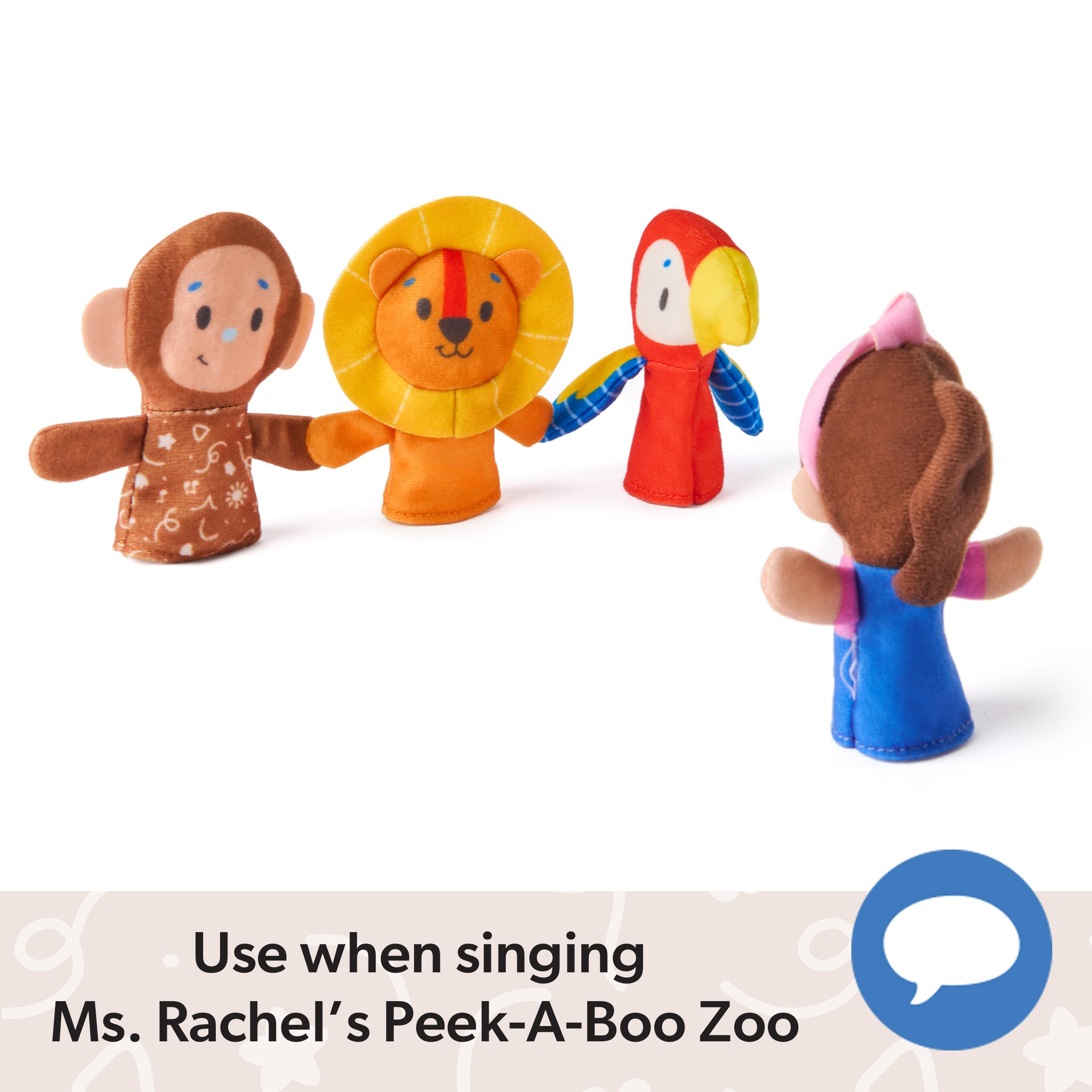 Ms. Rachel Finger Puppets Zoo Friends 4-Pack, Lion, Monkey & Parrot, Educational Toys & Animal Puppets, Toddler Toys for Girls & Boys Ages 6 Months-2+