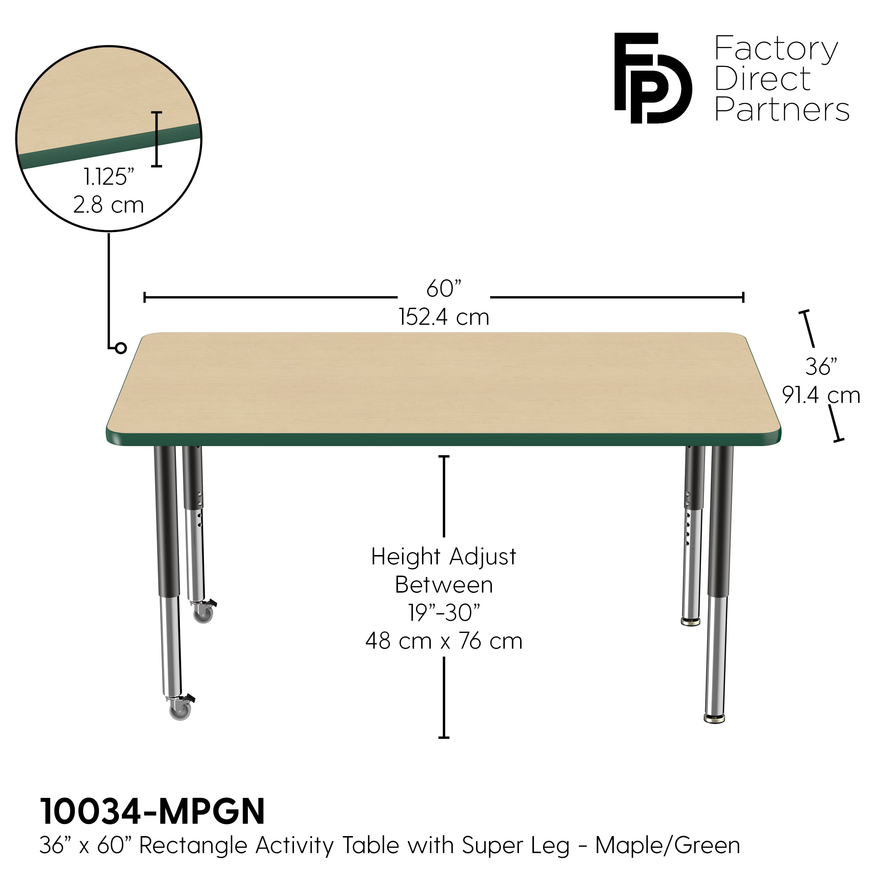 36" x 60" Rectangle T-Molding Activity Table with Adjustable Super Legs - Maple/Green/Black