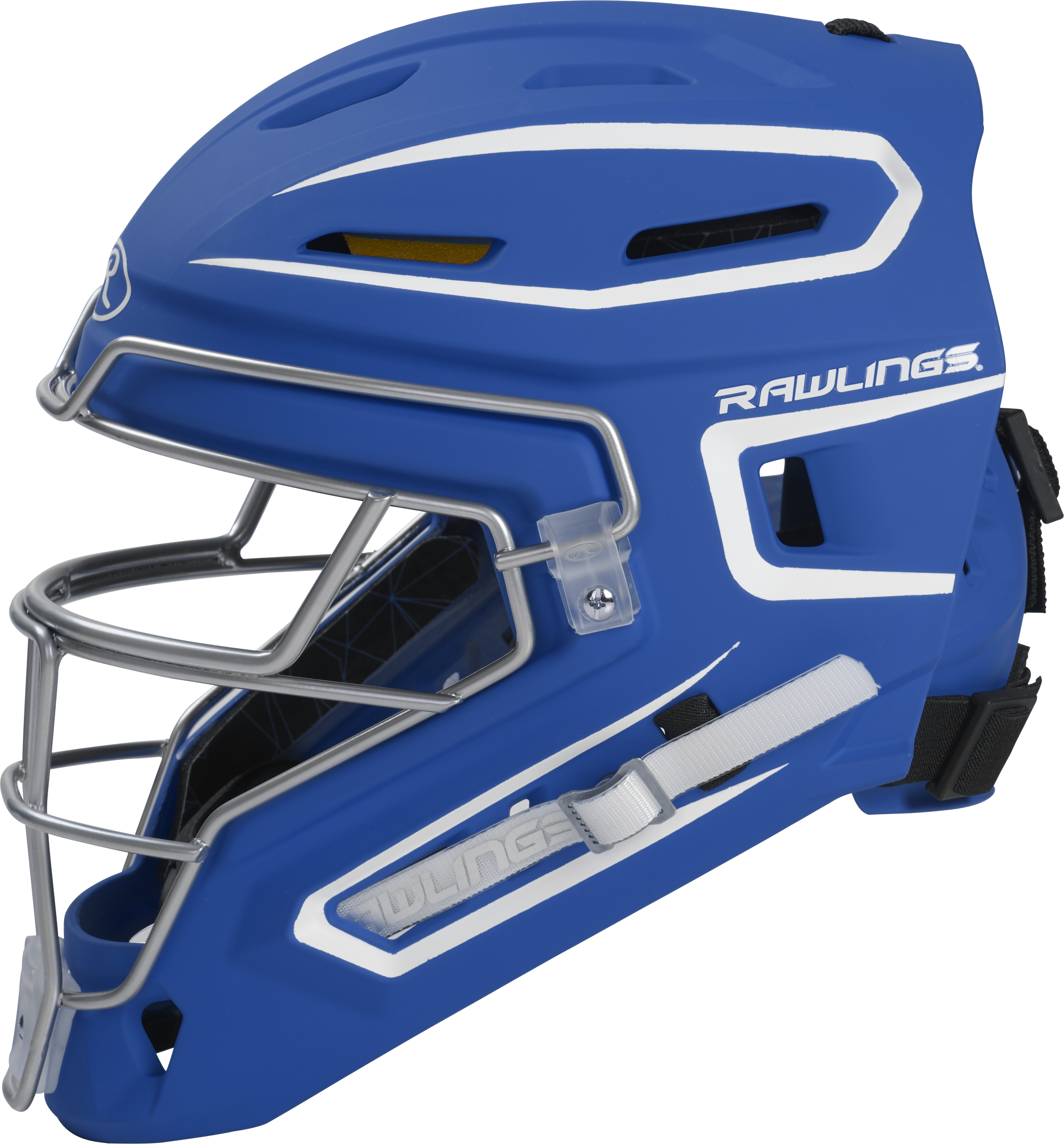 Rawlings Mach Matte 2-Tone Hockey Style Senior Catchers Helmet - Royal/White
