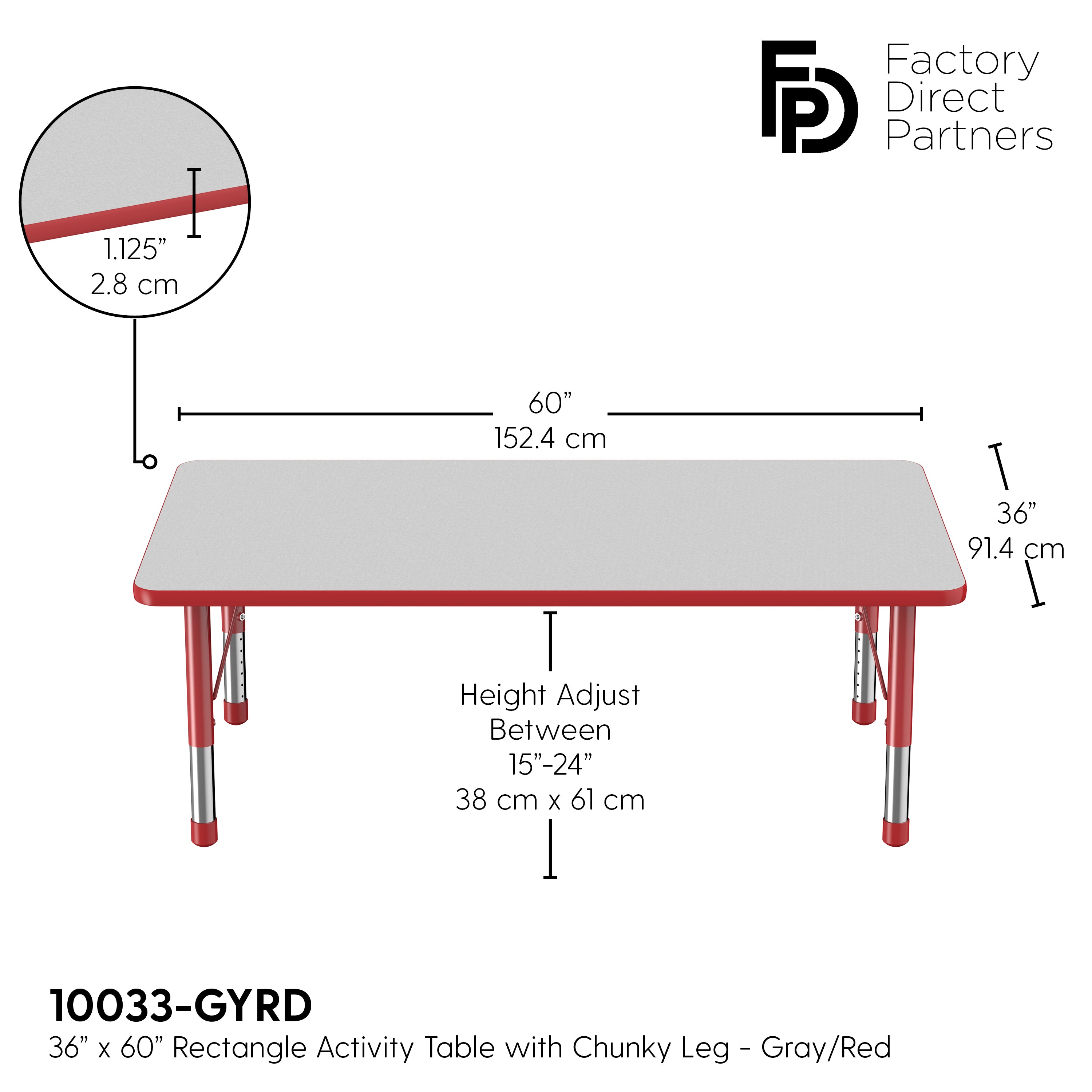 36" x 60" Rectangle T-Molding Activity Table with Adjustable Chunky Legs - Gray/Red