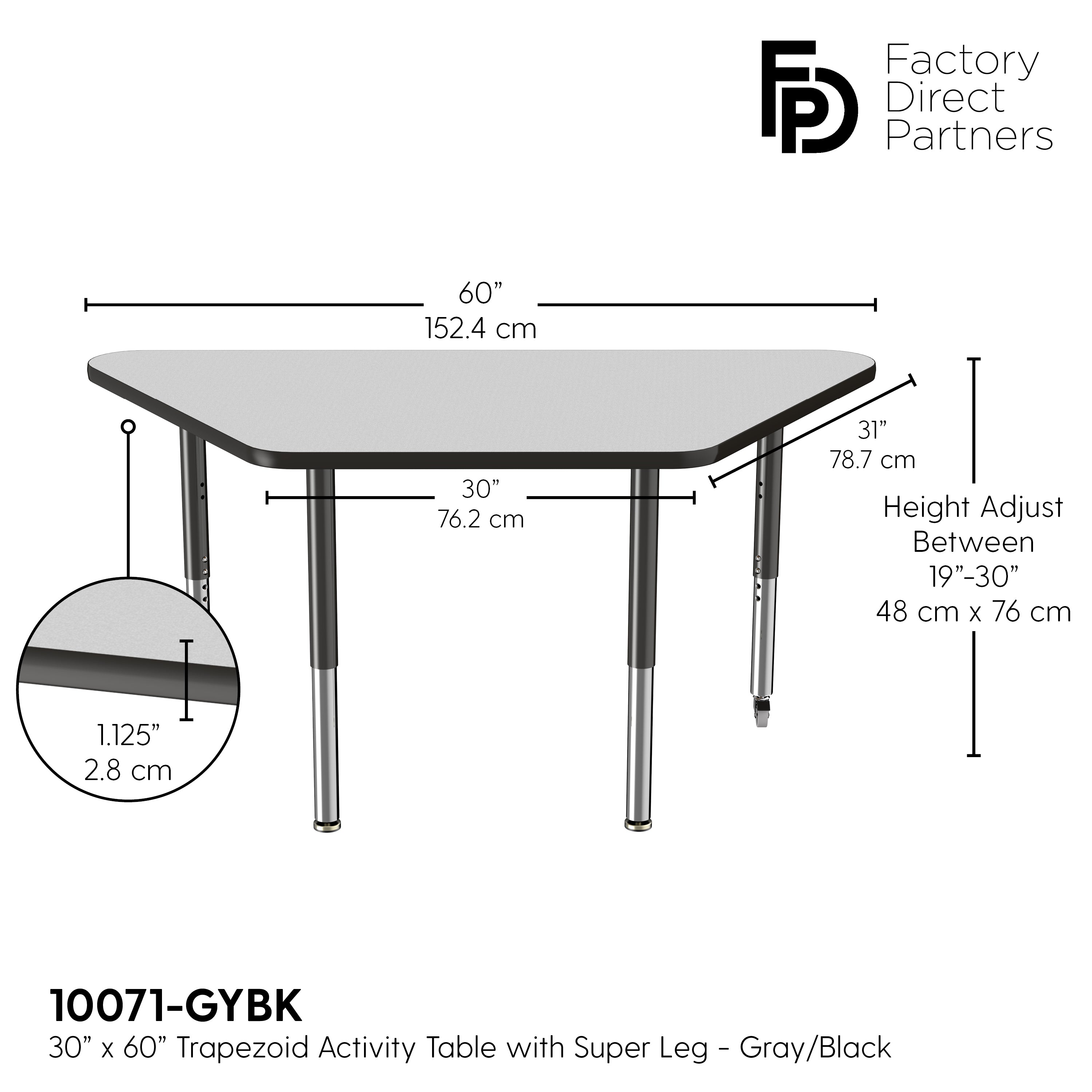 30" x 60" Trapezoid T-Molding Activity Table with Adjustable Super Legs - Gray/Black