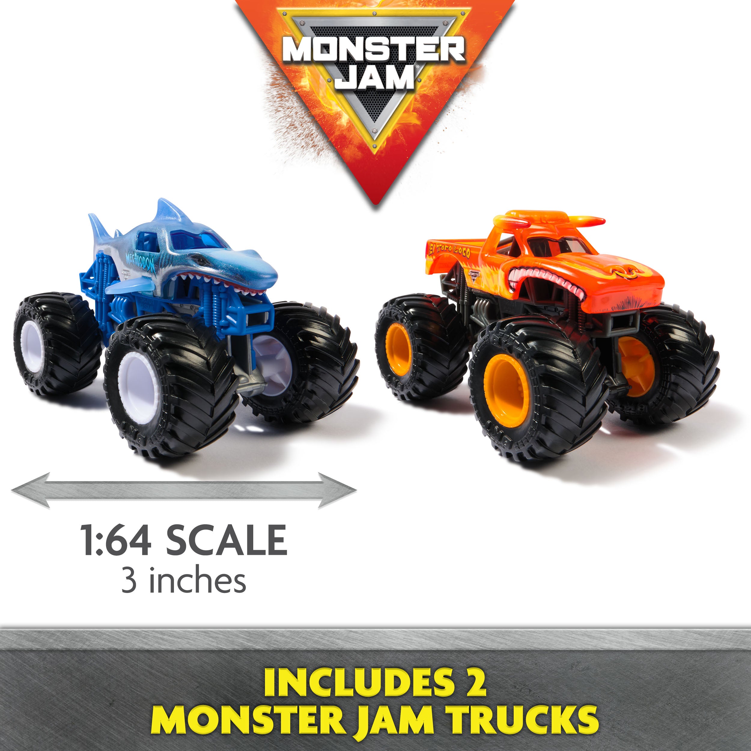 Monster Jam, Supercharge Speedway Playset, Megalodon and El Toro Loco Die-Cast Monster Trucks, Light Up World Finals Track Kids Toys for Boys Ages 3+