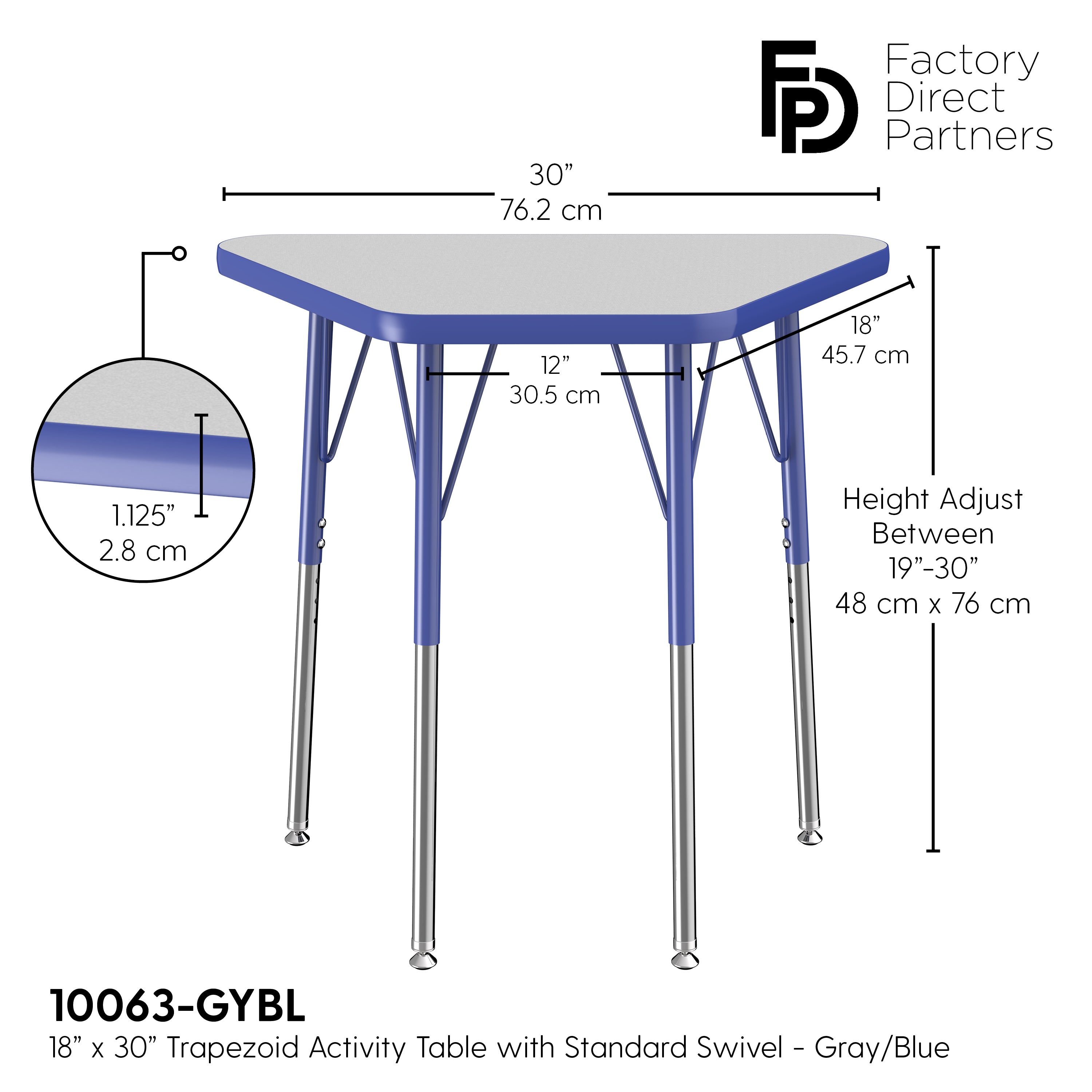 18" x 30" Trapezoid T-Molding Activity Table with Adjustable Standard Swivel Glide Legs - Gray/Blue