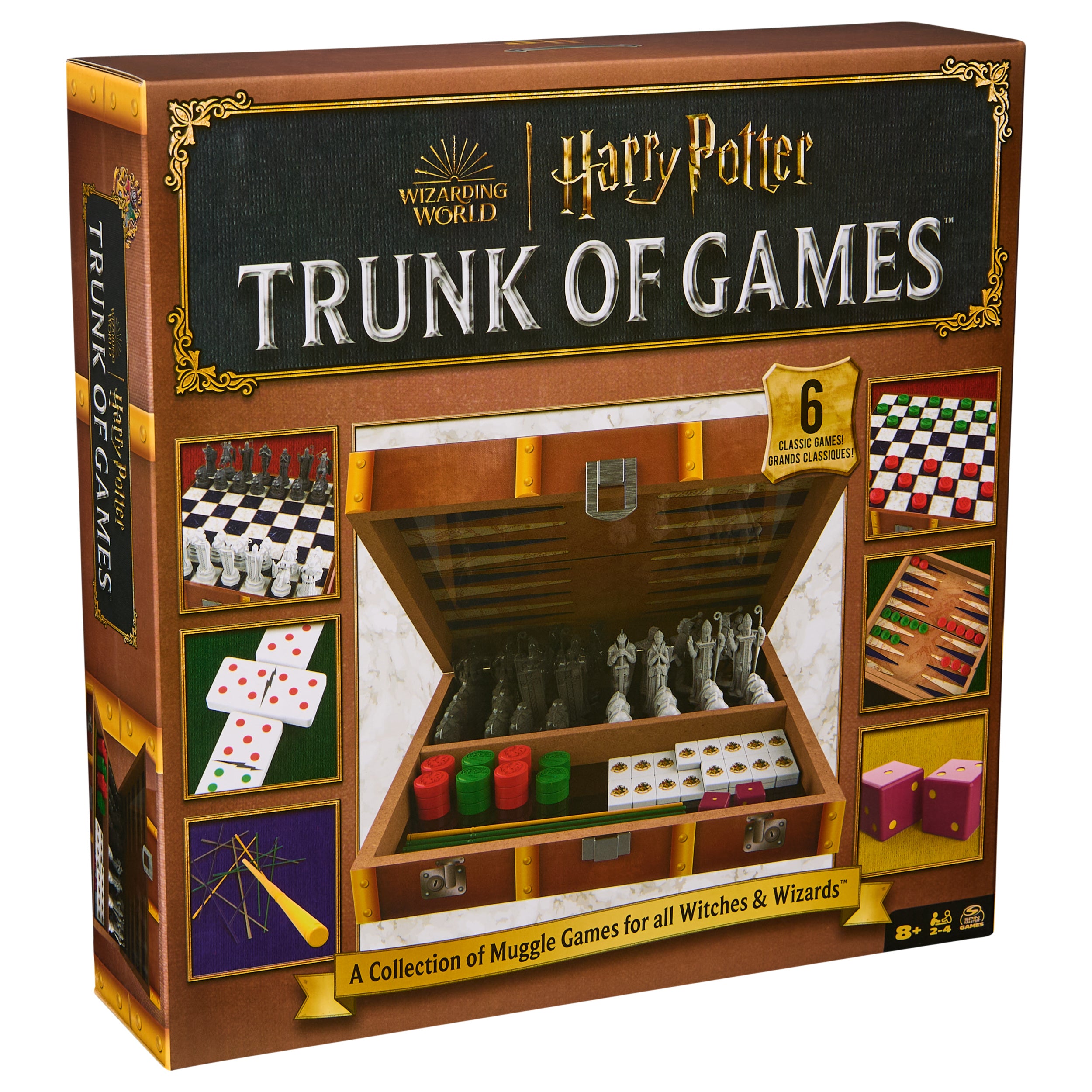 Spin Master Games, Wizarding World of Harry Potter Trunk of Games 6-in-1 Wooden Storage Box, for Muggle Fans of Harry Potter Movies, Chess Wizard, Pick-Up Wands & More, 2-4 Players, for Ages 8 & Up