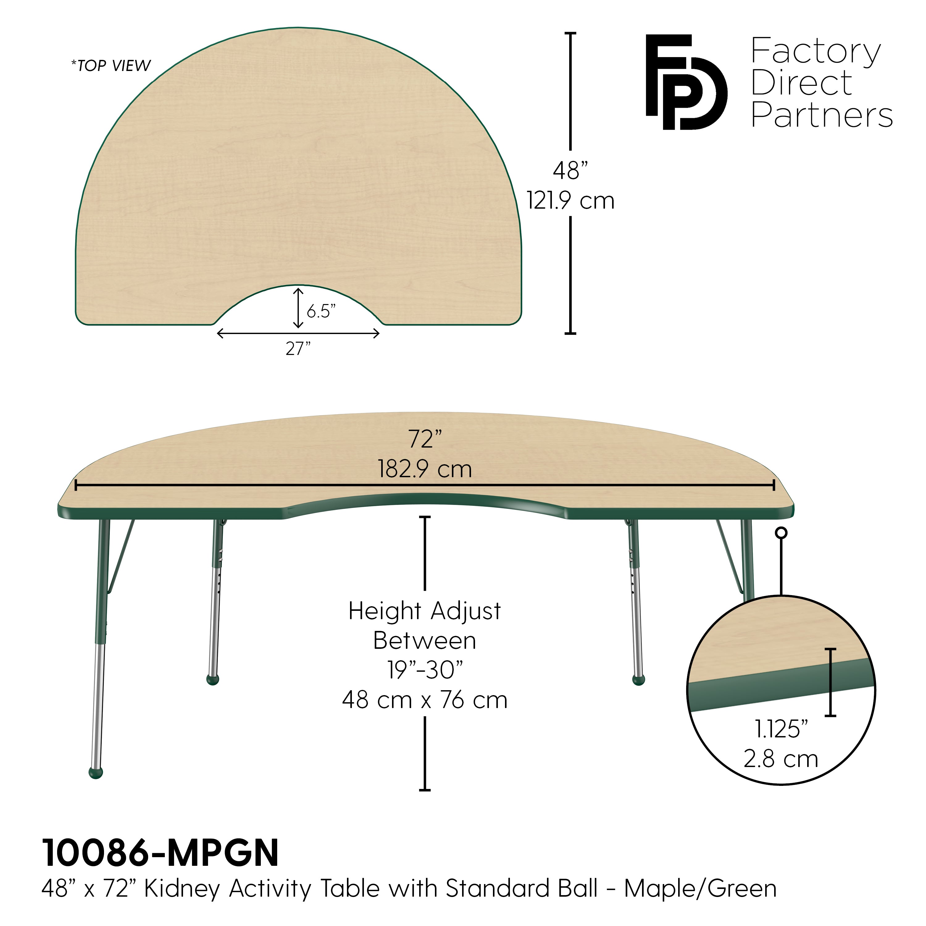 48" x 72" Kidney T-Molding Activity Table with Adjustable Standard Ball Glide Legs - Maple/Green