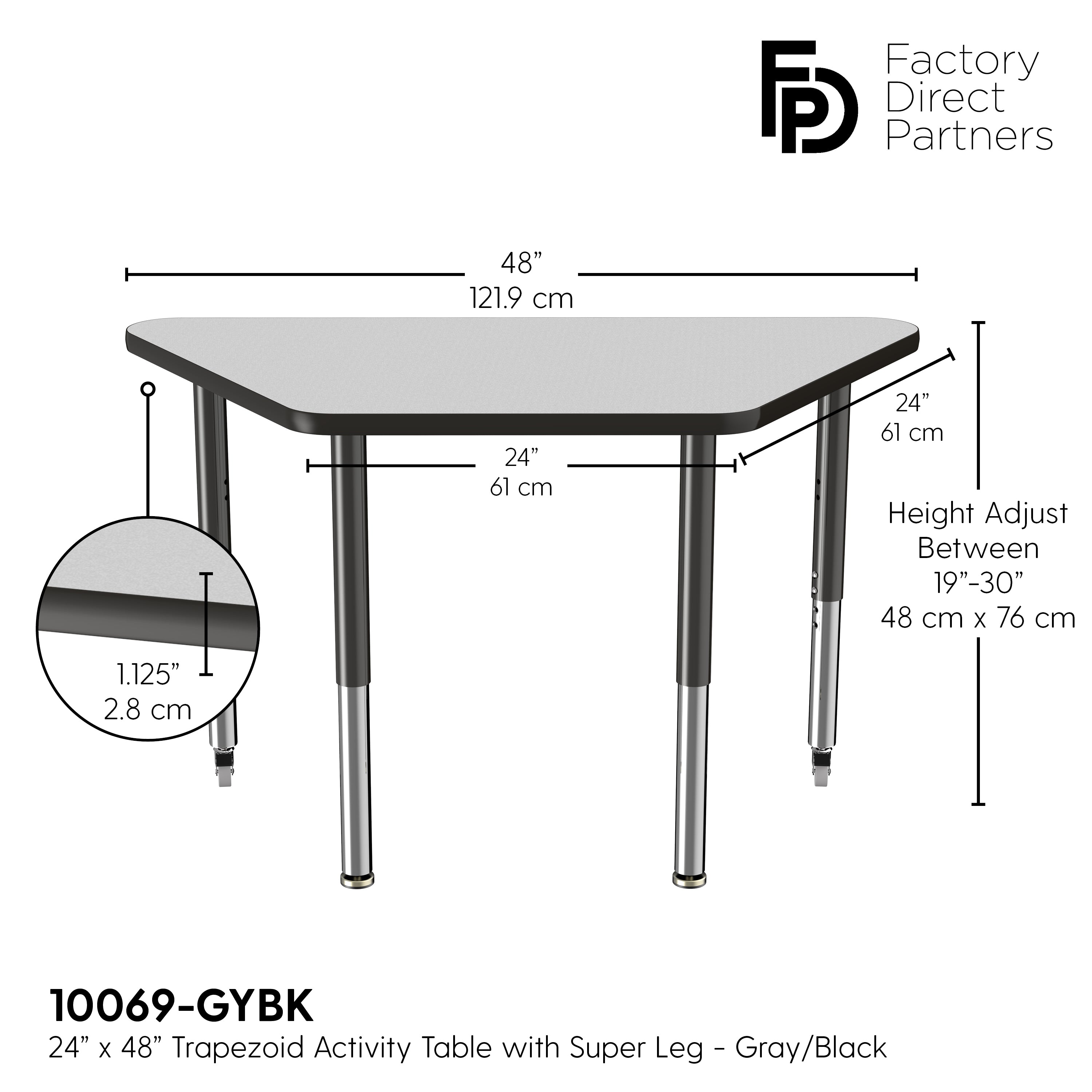 24" x 48" Trapezoid T-Molding Activity Table with Adjustable Super Legs - Gray/Black