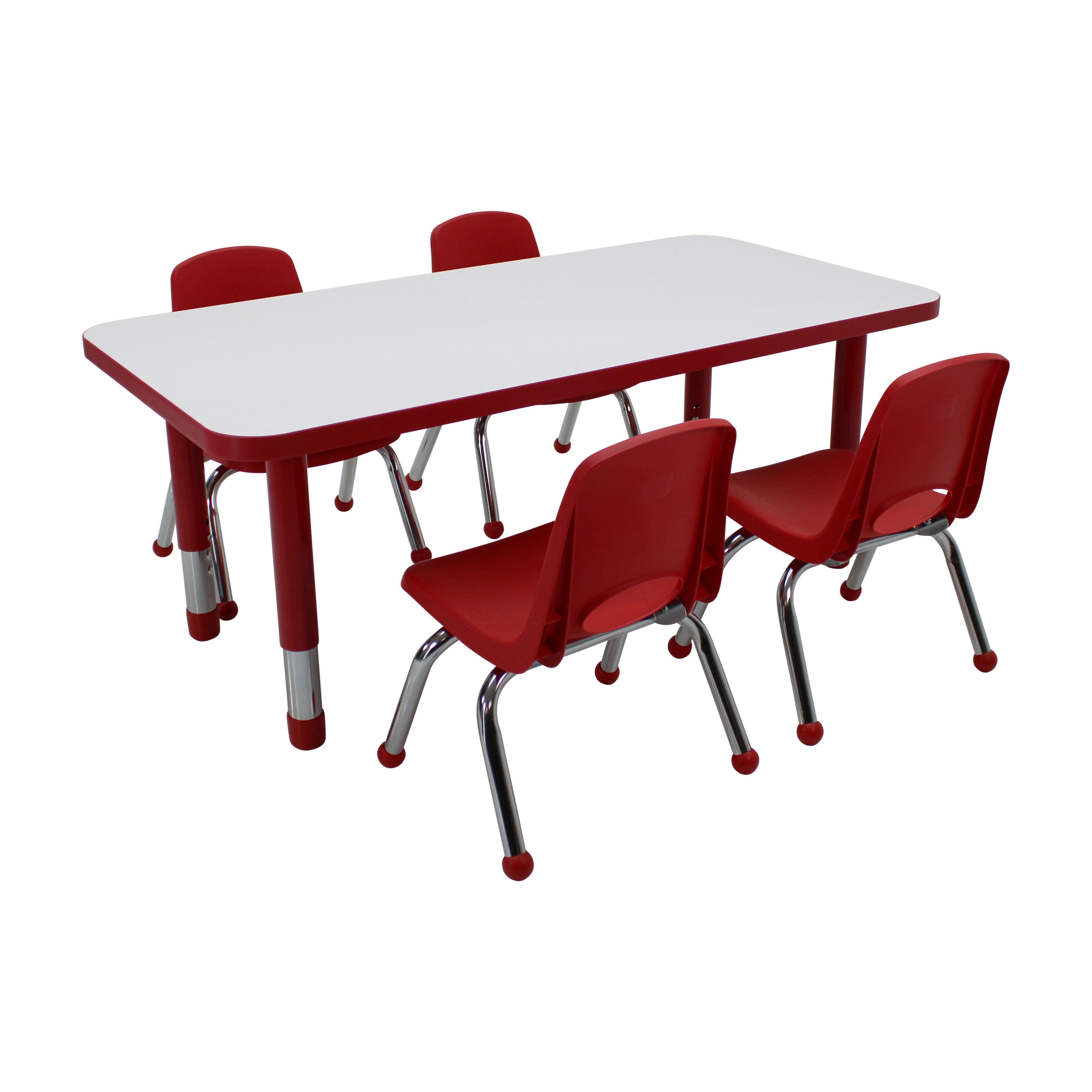 24" x 48" Rectangle Dry-Erase Activity Table with Chunky Legs and 10" Stack Chairs with Ball Glides, 5-Piece Set - Whiteboard/Red