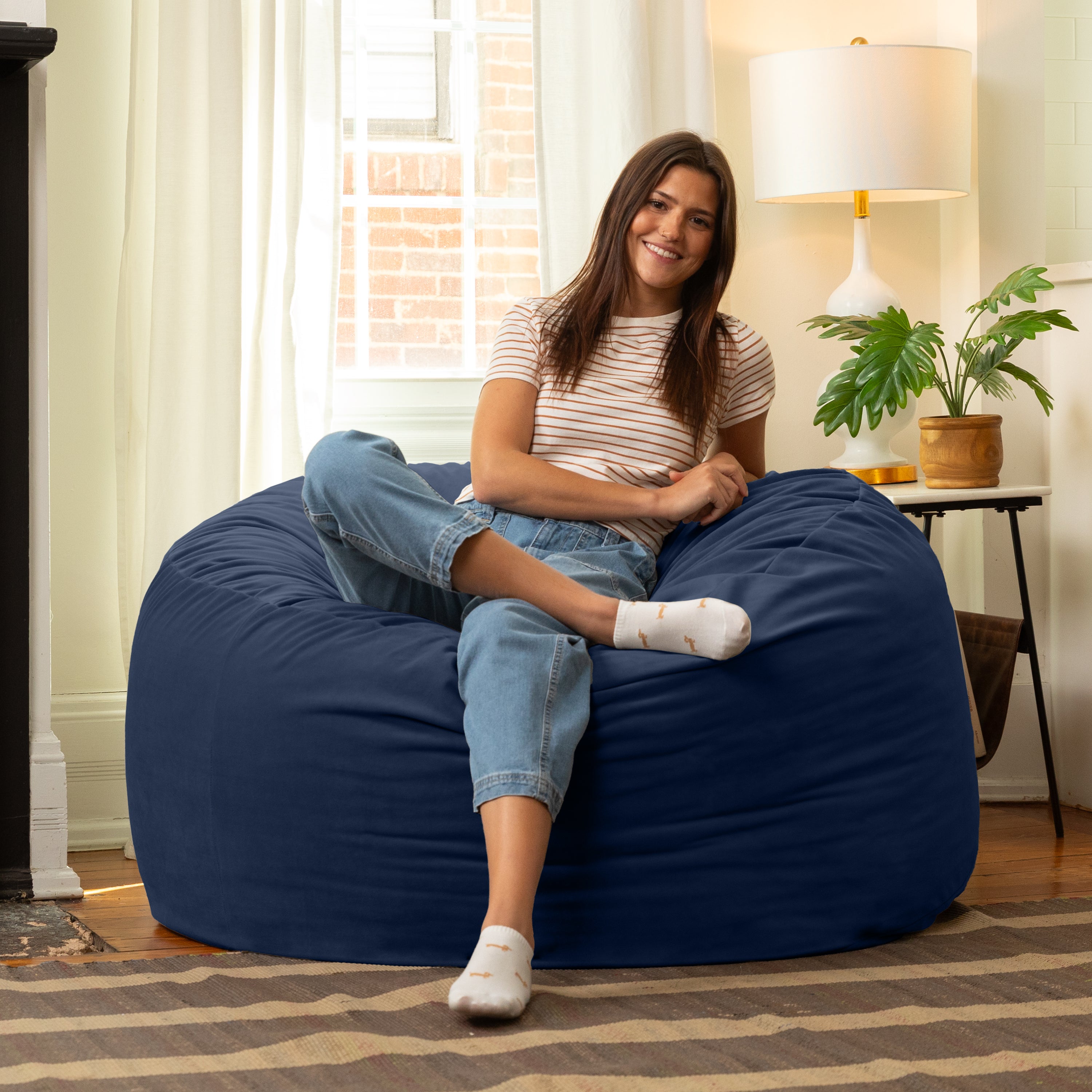 Jaxx 4 Foot Saxx - Large Round Bean Bag Chair for Adults - Lush Velvet Navy Blue