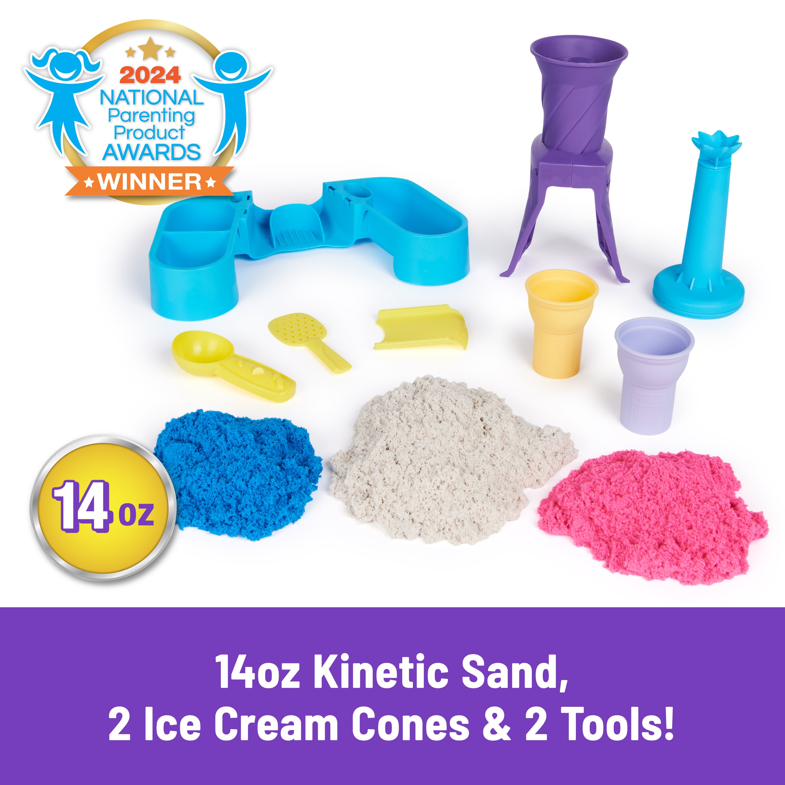 Kinetic Sand, Soft Serve Station with 14oz Play Sand Blue, Pink & White, 2 Ice Cream Cones & 2 Tools, Sensory Toys for Kids Ages 5 and up